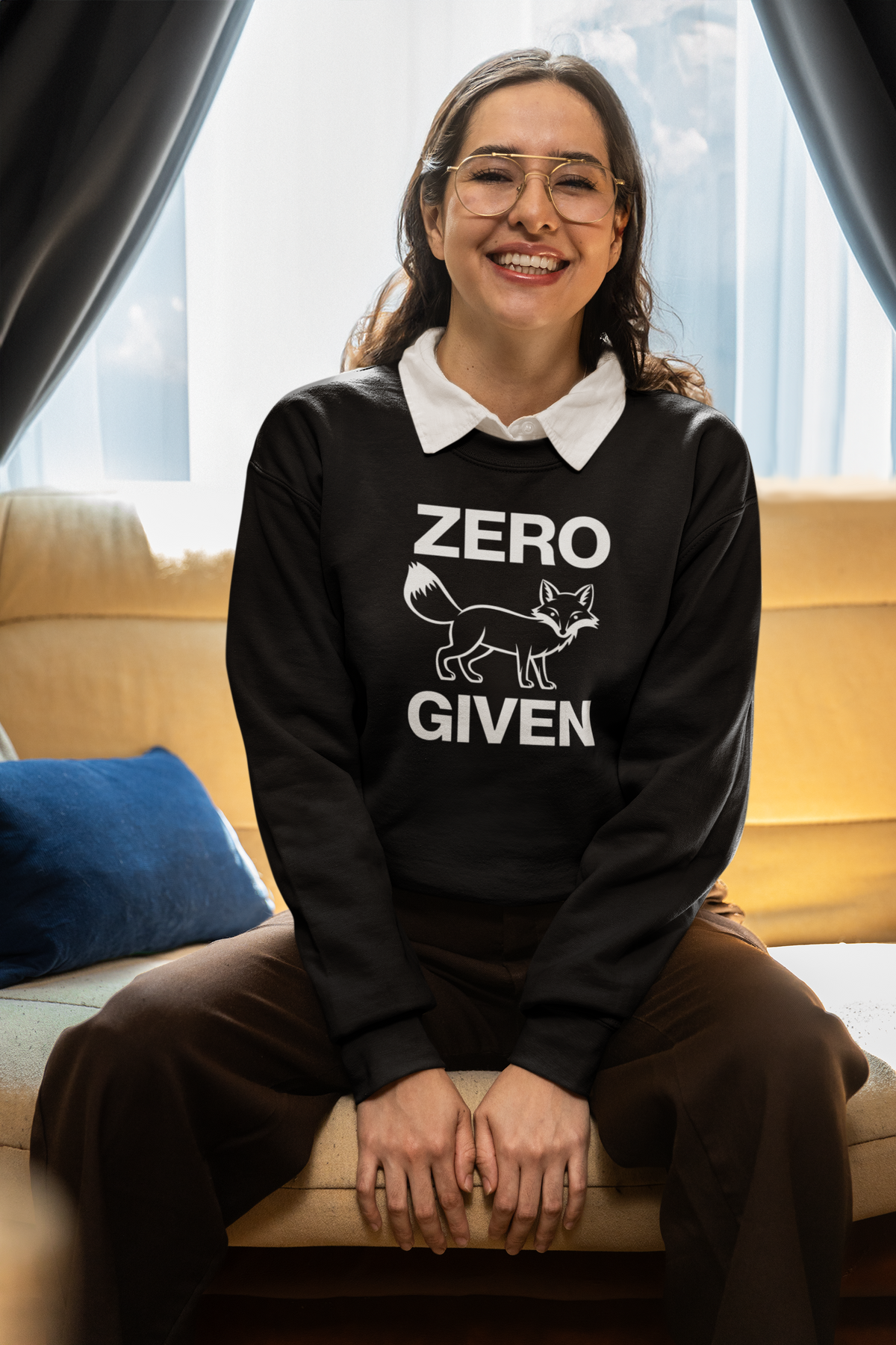 'Zero Fox Given Sweatshirt' in black, smiling woman indoors, Sweatshirt mockup, Geekpsters