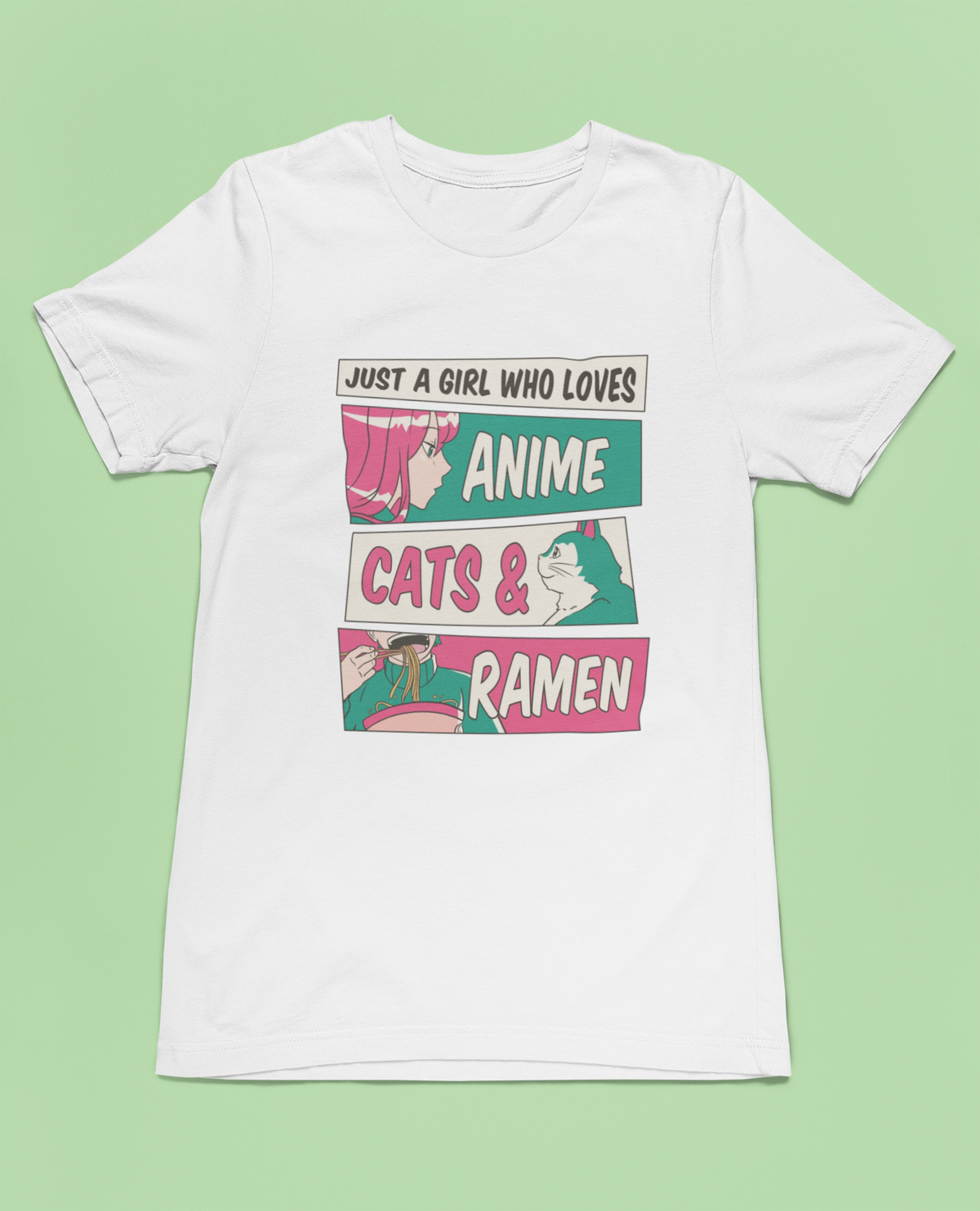 'Just a Girl Who Loves Anime, Cats & Ramen' t-shirt in white, flat lay on a green background
