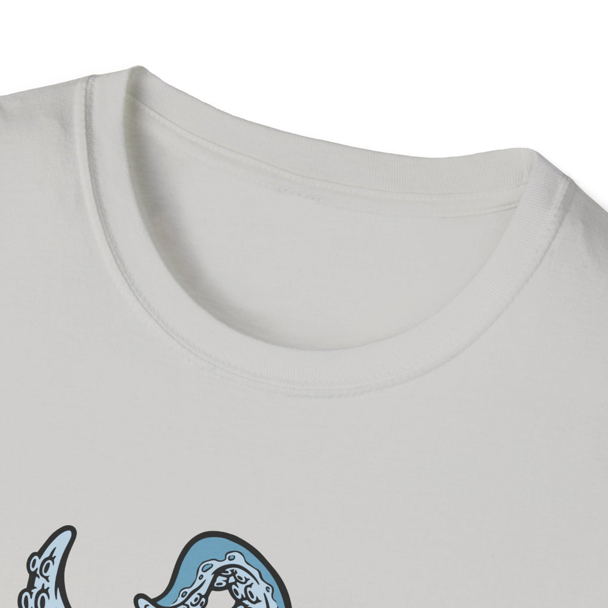'Octopus Comes Out of the Bag' t-shirt in ice grey, close-up of neckline and print, hiking gift idea