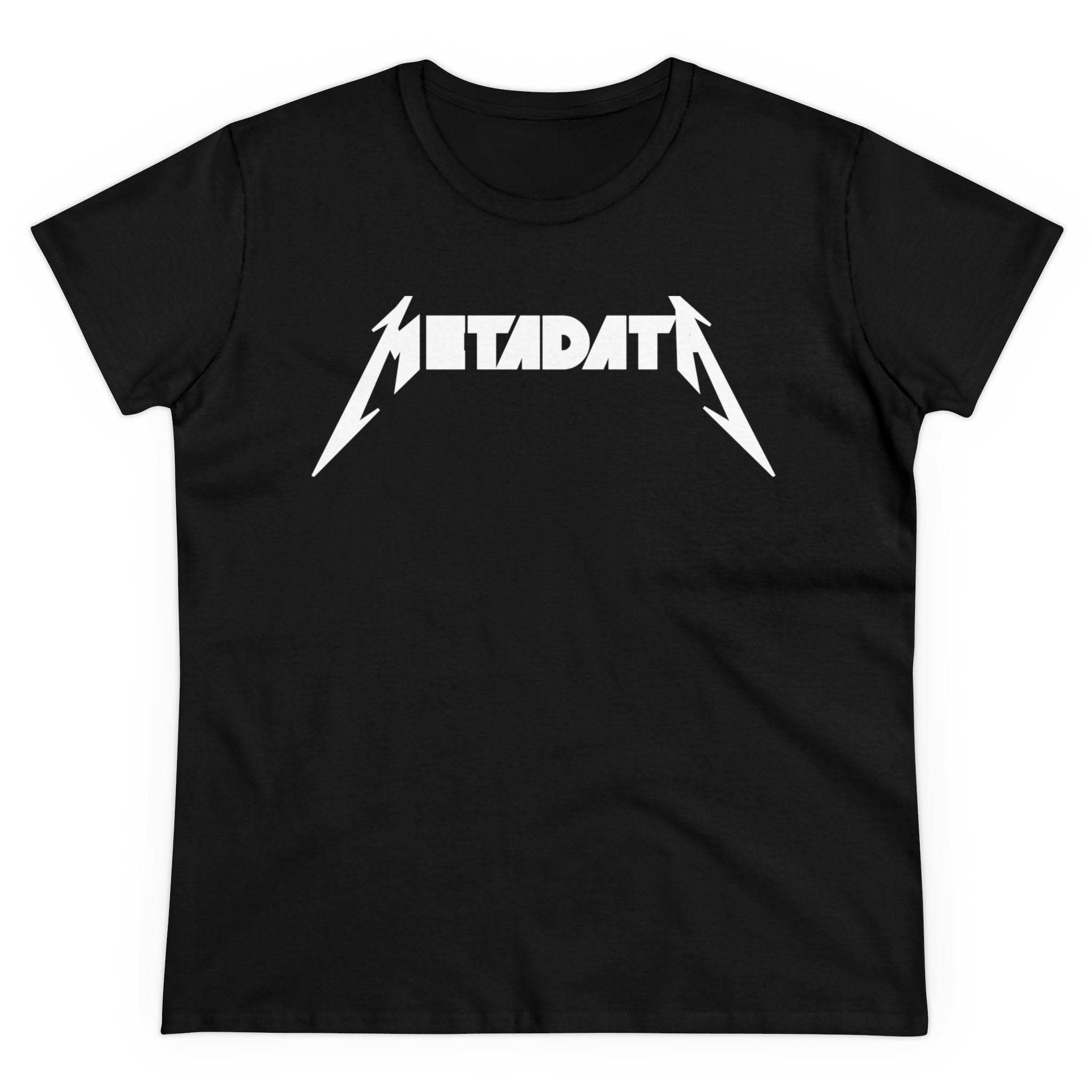 Women's black tee made from soft cotton, showcasing "METADATA" in a white, band logo-style font. Its semi-fitted design offers comfort and style for any casual occasion.