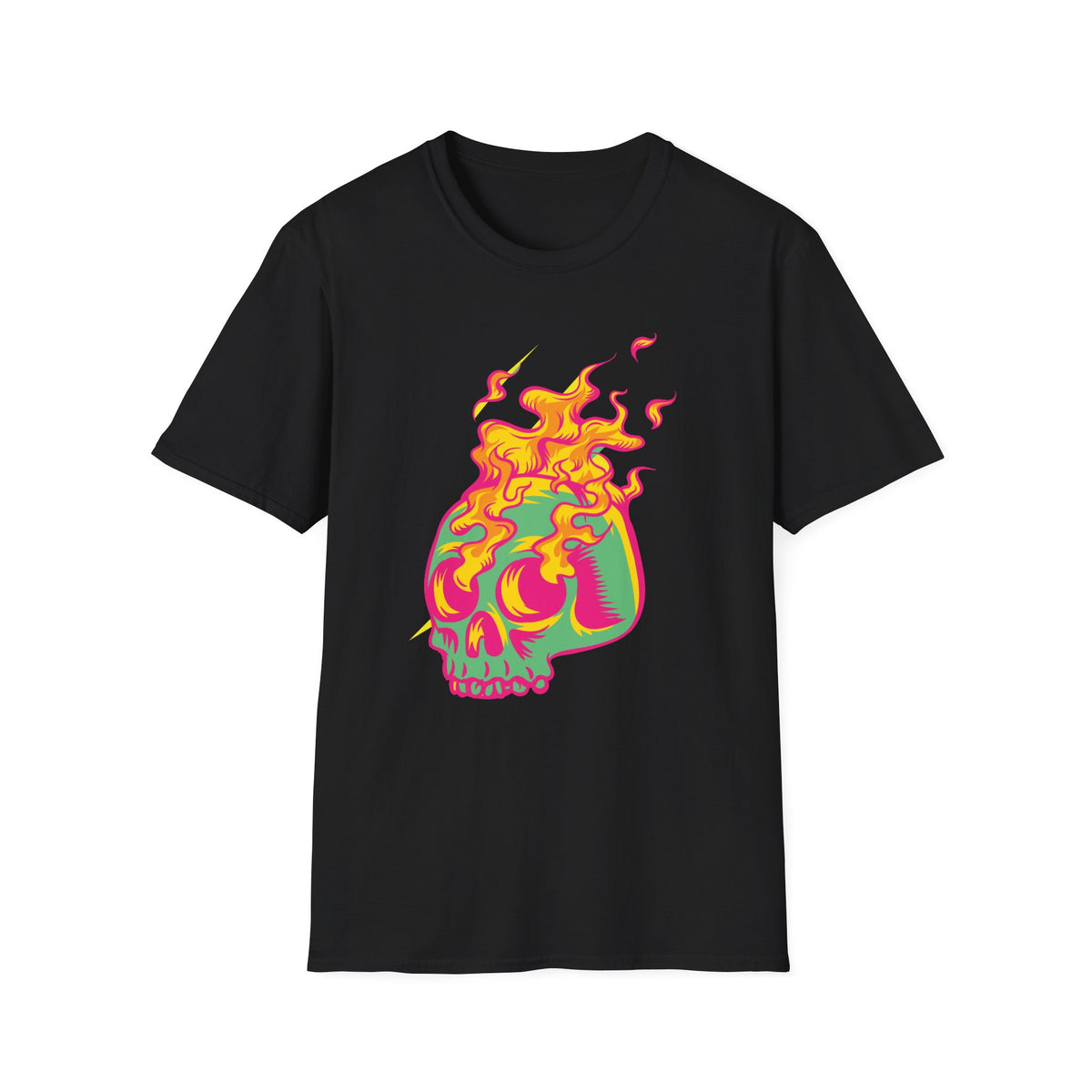 'Skull in Flames' psychedelic skull t-shirt in black, flat lay front print visible, funny gothic pop art shirt