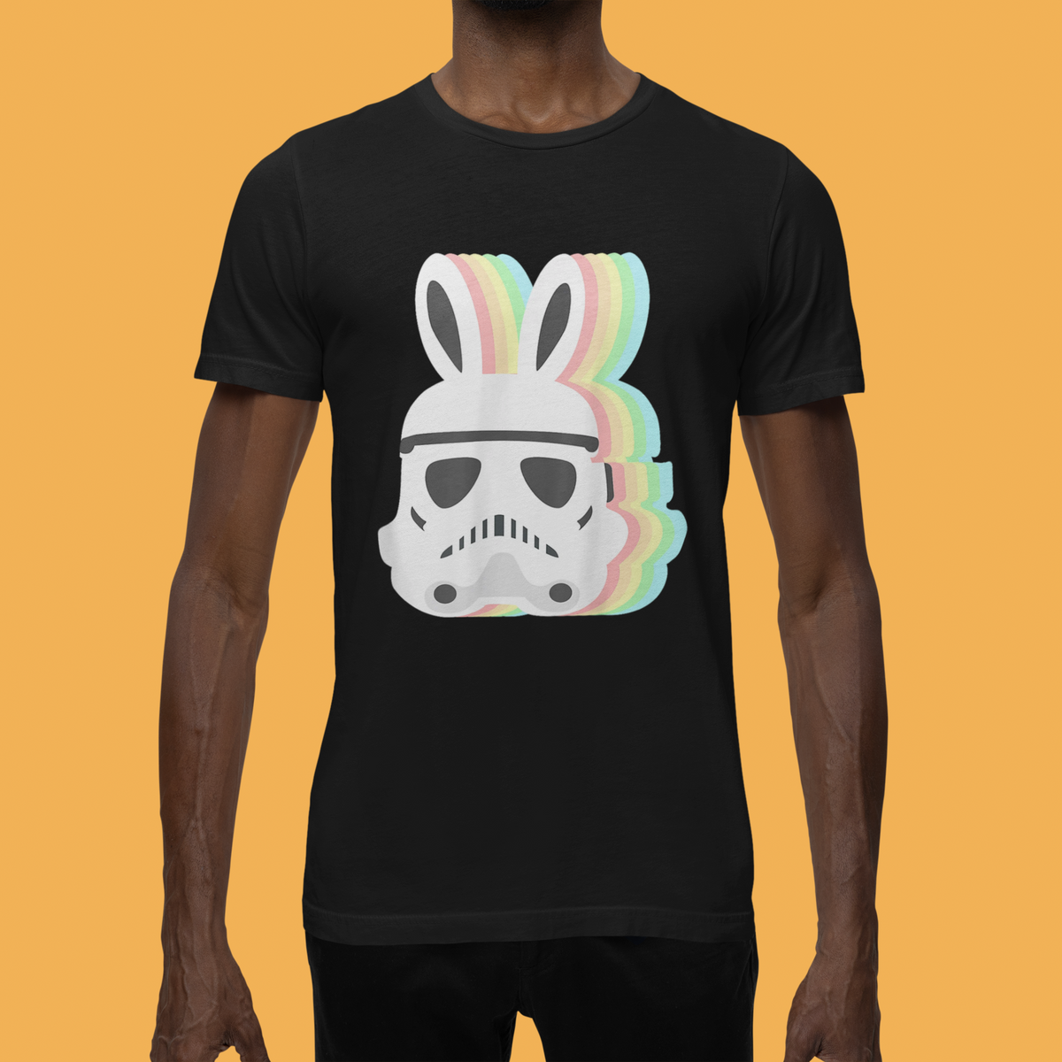 Easter Stormtrooper Bunny t-shirt in black, man wearing it, funny sci-fi Easter graphic shirt