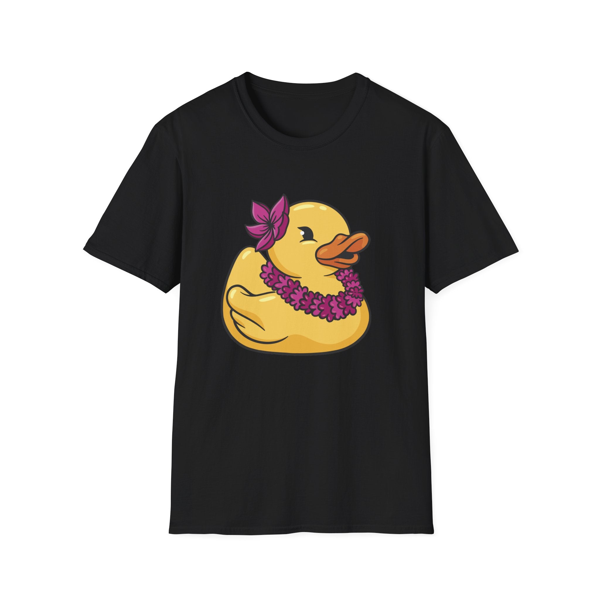 Celebrate your geek chic with our Going to Vacation Duck T-Shirt. This black tee features a yellow rubber duck sporting a pink flower lei and head flower—ideal for fans of quirky, nerdy designs.