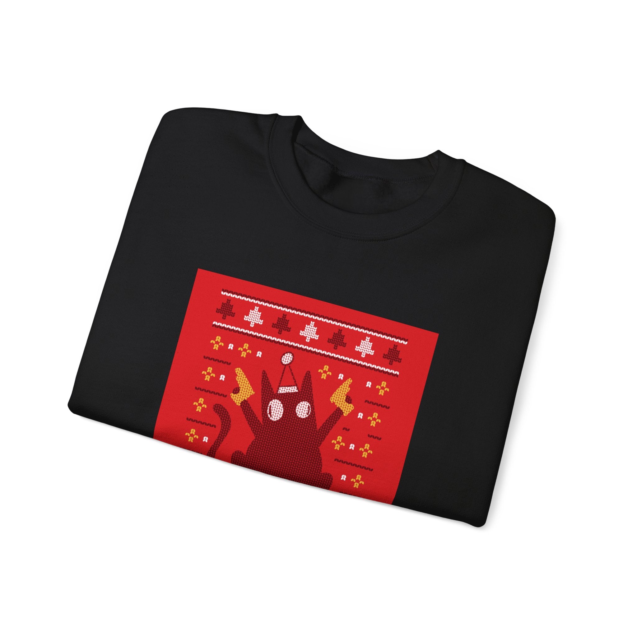 The Ugly Sweater Cat Sweatshirt displays a pixel art cat in a Santa hat on a black background, accented with red panels, snowflakes, and festive patterns—a fun, nerdy nod to holiday style.