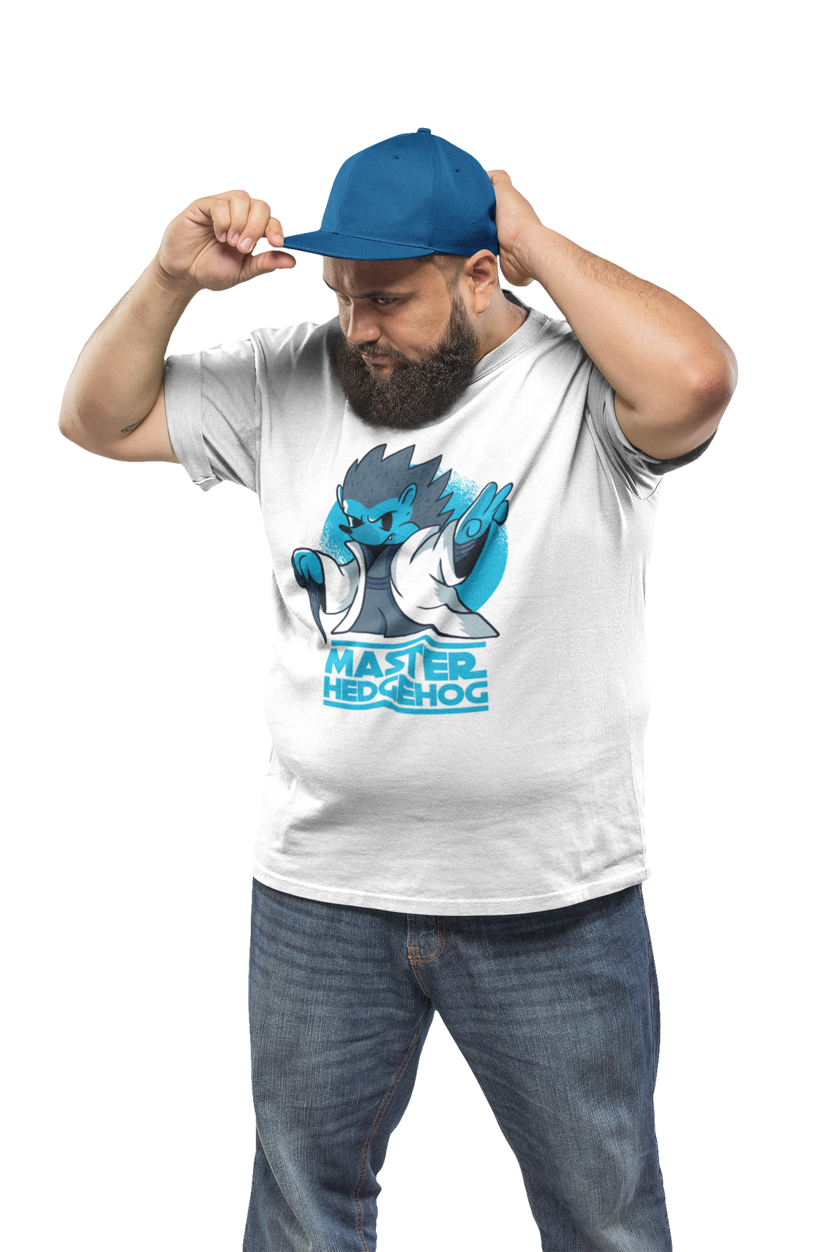 'Master Hedgehog' t-shirt in white, man in a cap wearing it