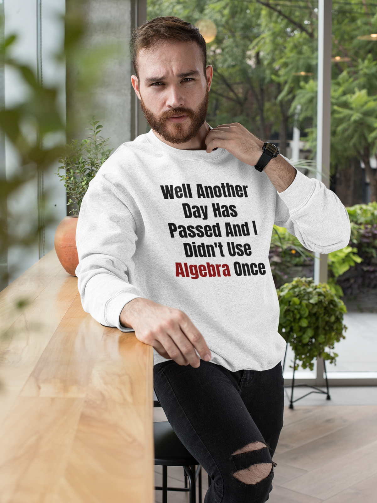 "Well Another Day Has Passed And I Didn't Use Algebra Once" sweatshirt in white, bearded man indoors