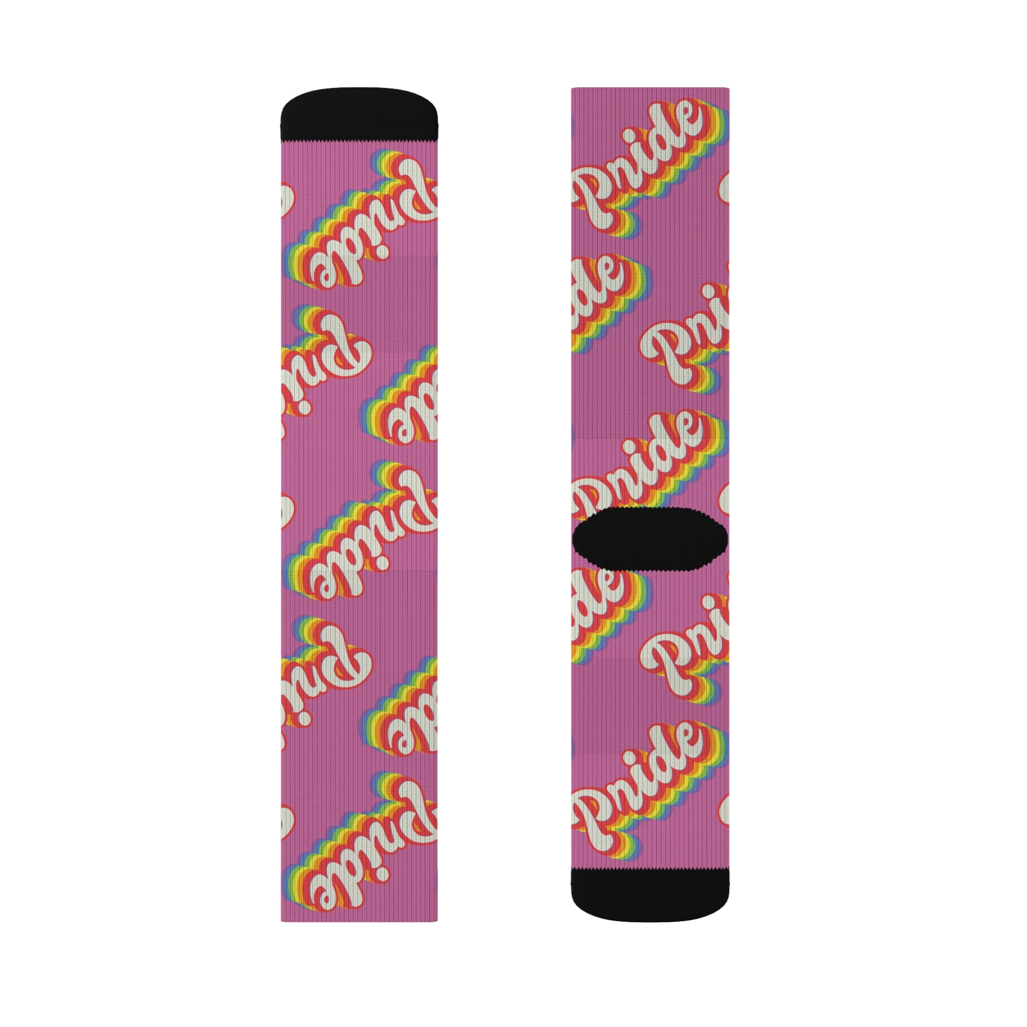 The Pride Socks come in a pair featuring a pink color with black tips and display the word "Pride" in a vibrant, rainbow design. They are crafted for high quality, offering cushioned bottoms that enhance comfort and ensure durability.