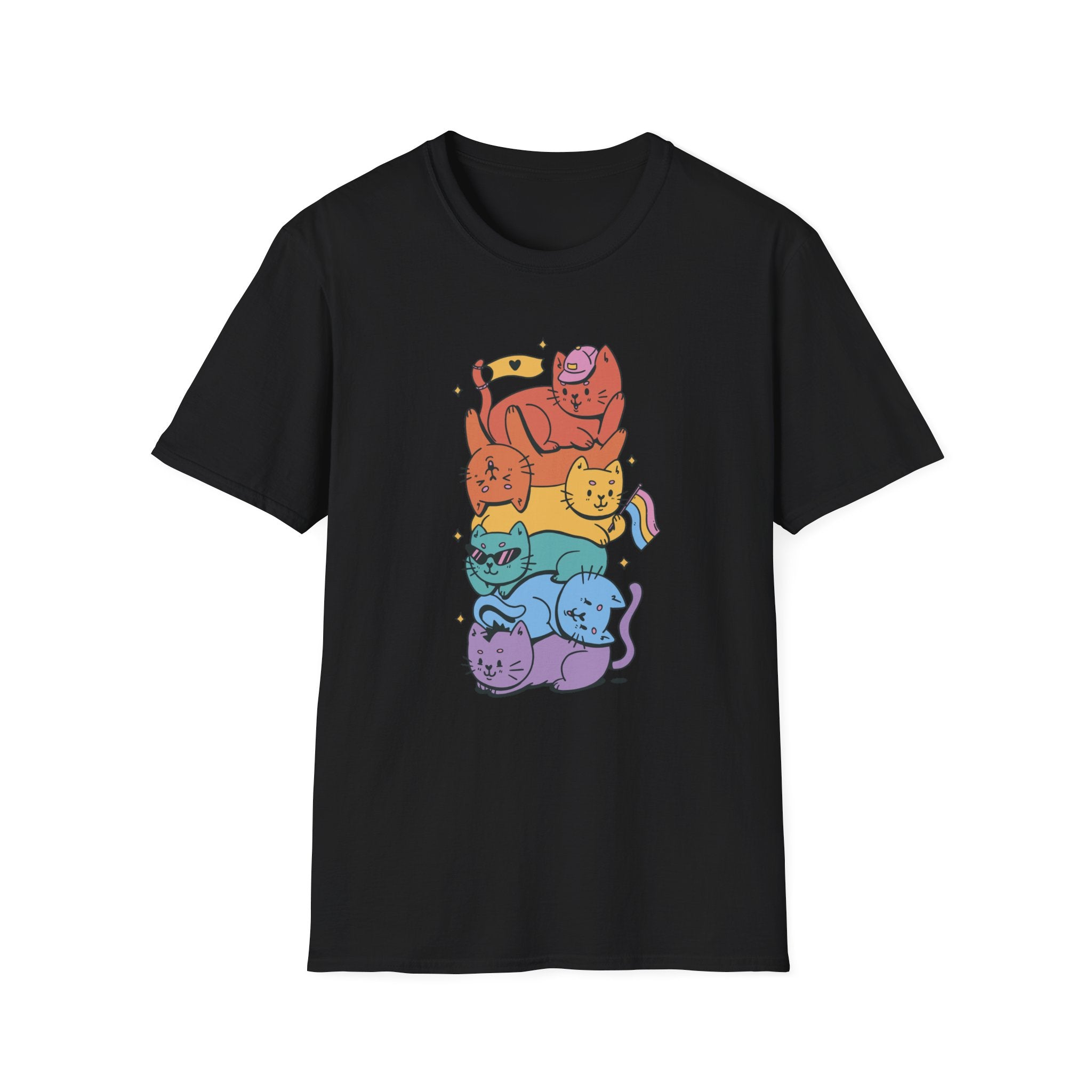 The Pride Stack Cats T-Shirt showcases a fun design with six vertically stacked cartoon cats in vibrant red, orange, yellow, green, blue, and purple—ideal for celebrating your geeky pride through nerd culture fashion.