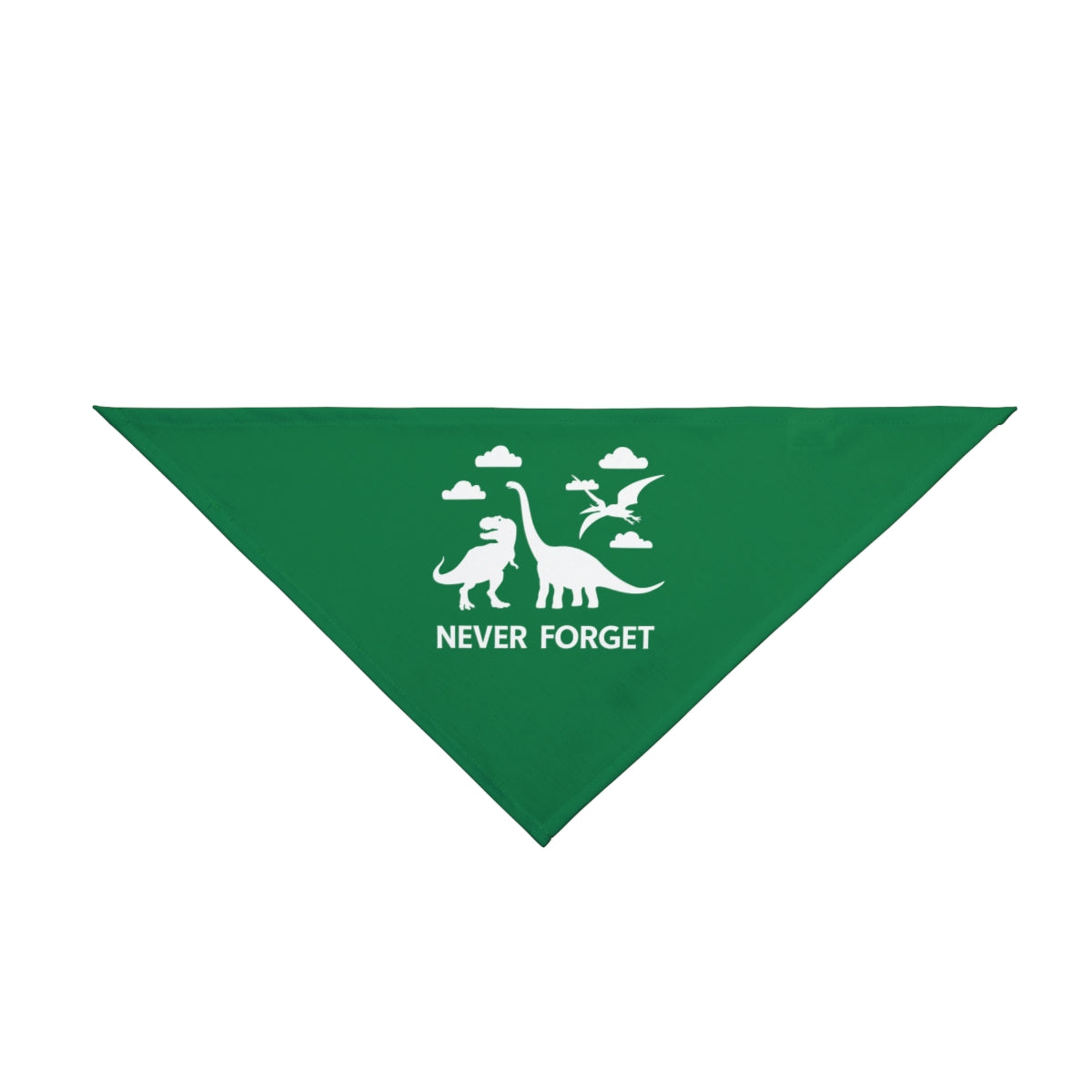Never Forget - Pet Bandana: Green bandana with white dinosaur silhouettes and "NEVER FORGET" text—ideal for giving your pet a fun, nerdy look or adding fandom flair to any outing.