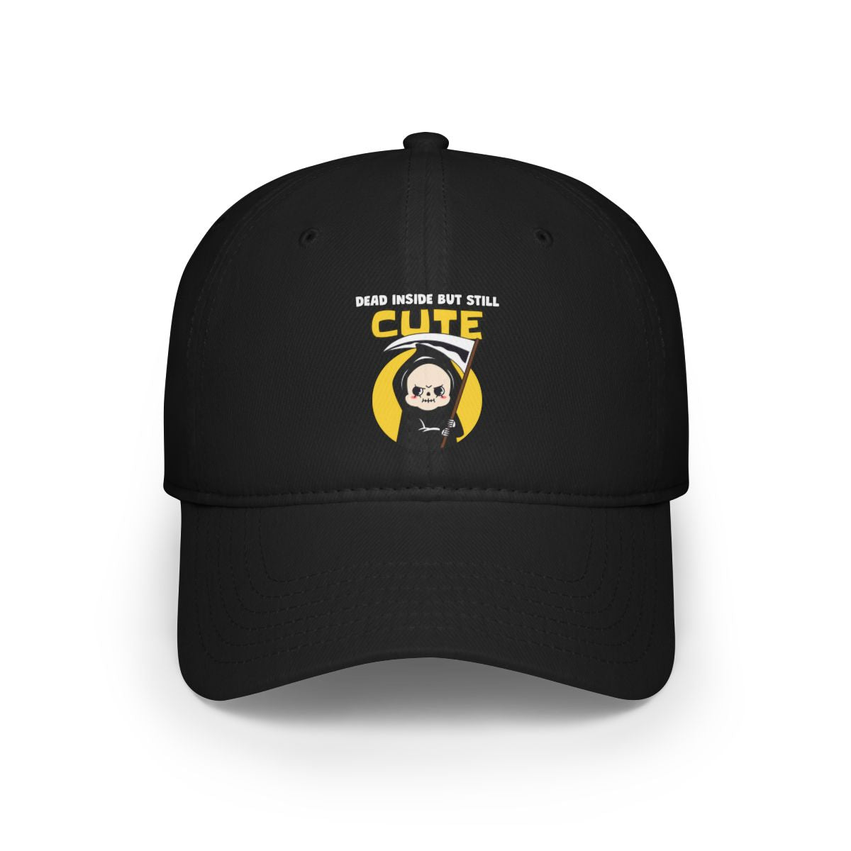 The "Dead Inside but Still Cute - Hat" features a cute grim reaper graphic accompanied by the phrase "Dead Inside But Still Cute." This black hat is designed with reinforced stitching to ensure a perfect combination of style and durability.