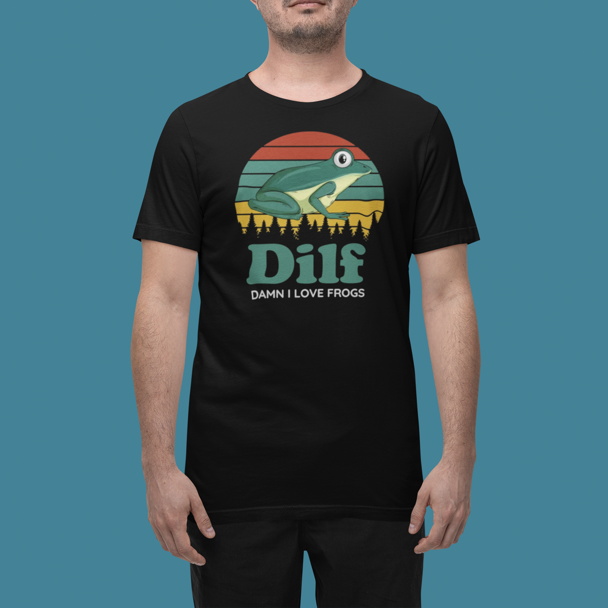 'DILF' t-shirt in black, man wearing it in a studio, T-Shirt mockup, Geekpsters