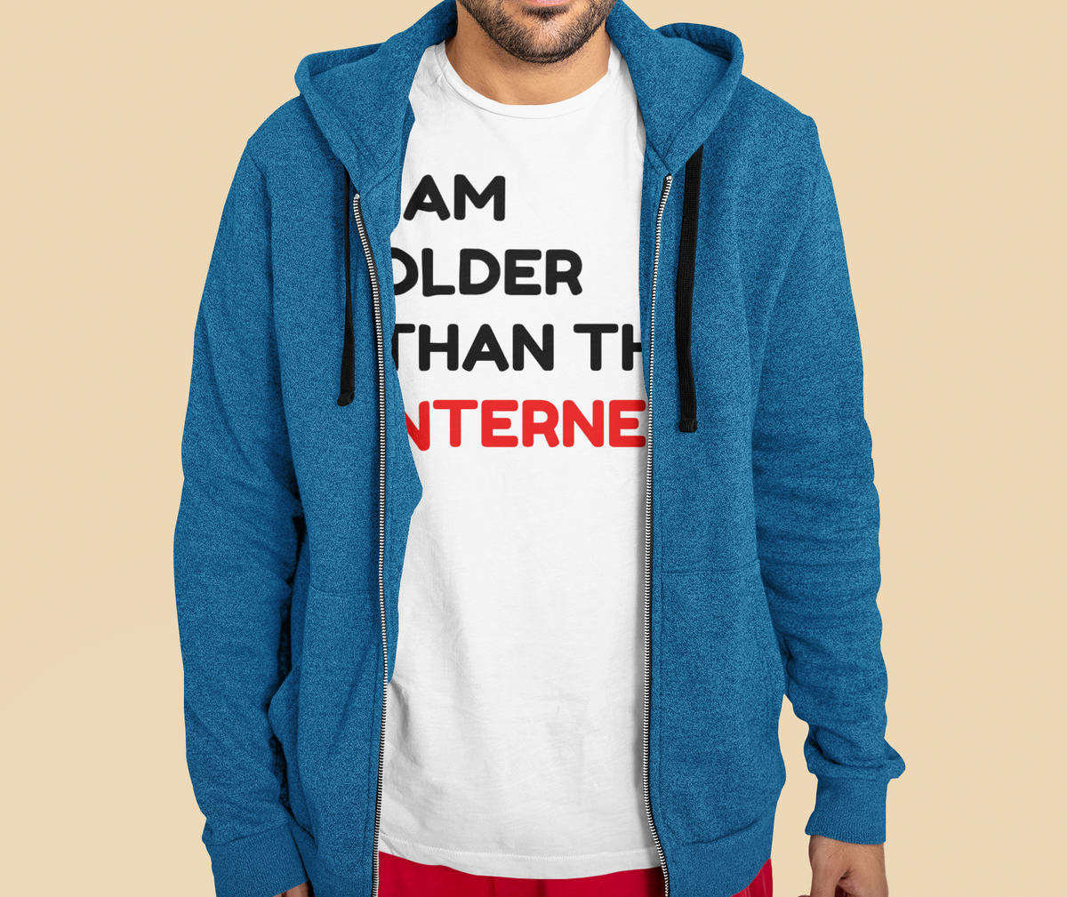 'I Am Older Than The Internet' t-shirt in white, man wearing it under a denim jacket, funny nostalgic gift