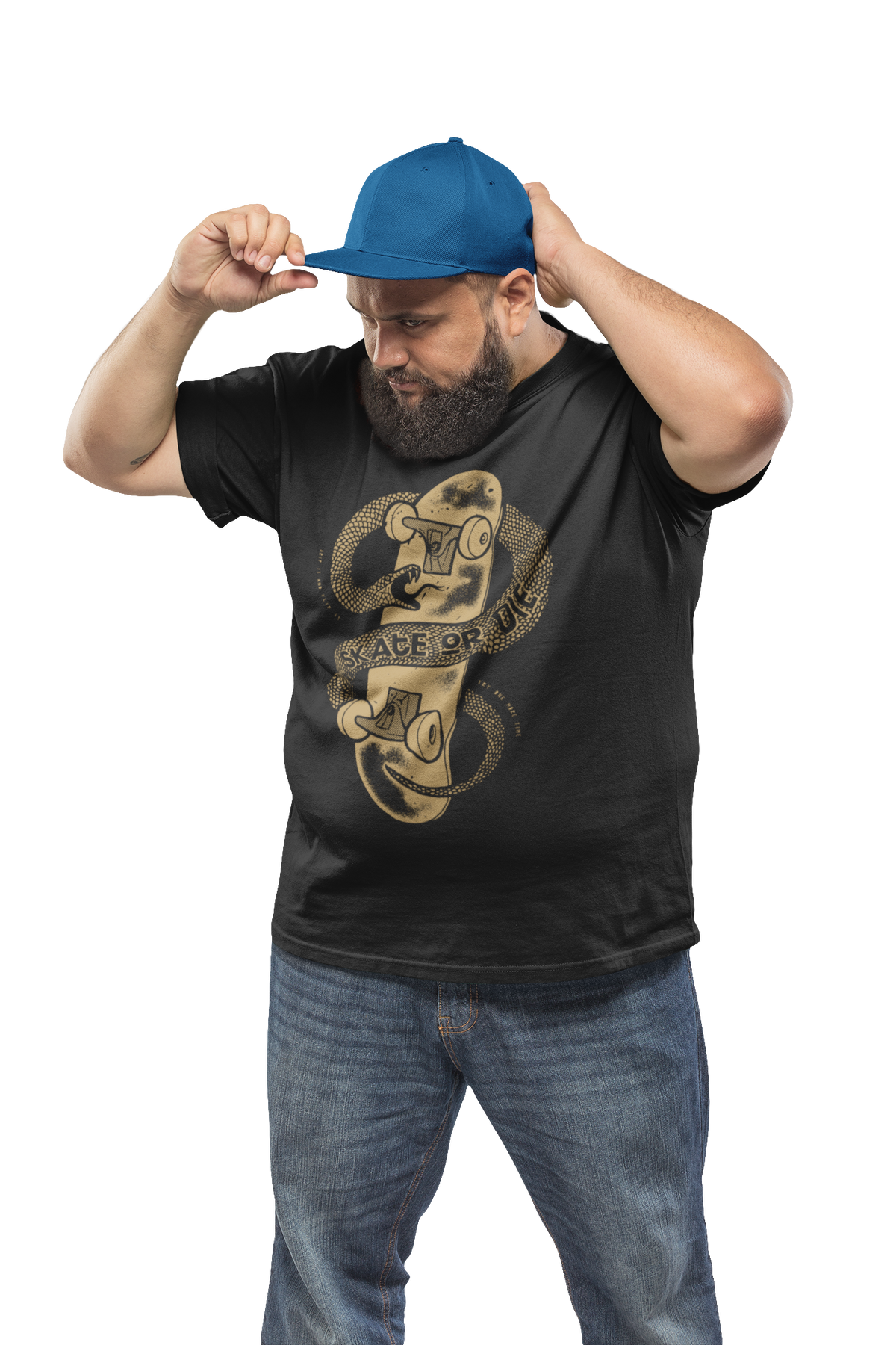 "Skate or Die" snake and skateboard t-shirt in black, man wearing it, edgy skater graphic gift