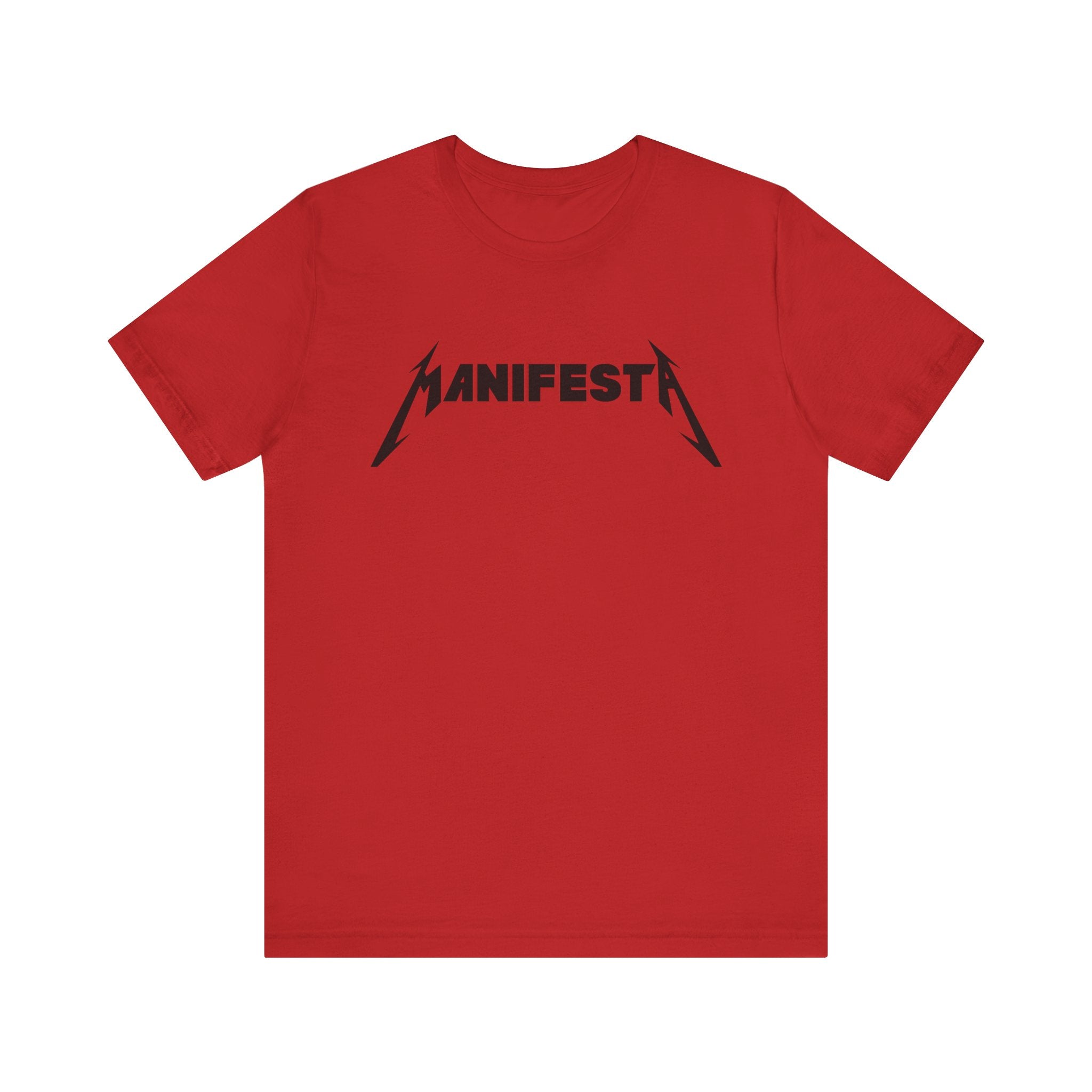 The Manifesta Tee Shirt is a red T-shirt with "MANIFESTA" styled like a band logo in black across the chest—ideal for any geeky wardrobe.