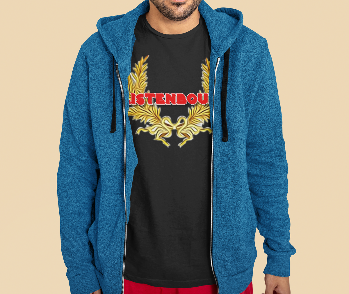 'Listenbourg' laurel wreath t-shirt in black, man wearing it under a blue hoodie