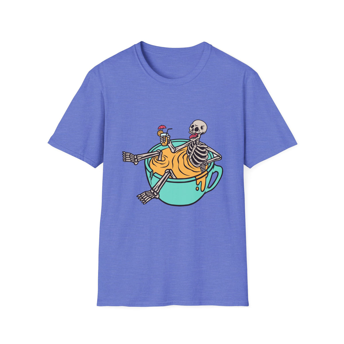 'Relaxing Skull' skeletons in a teacup t-shirt in heather royal blue, funny coffee lover graphic tee
