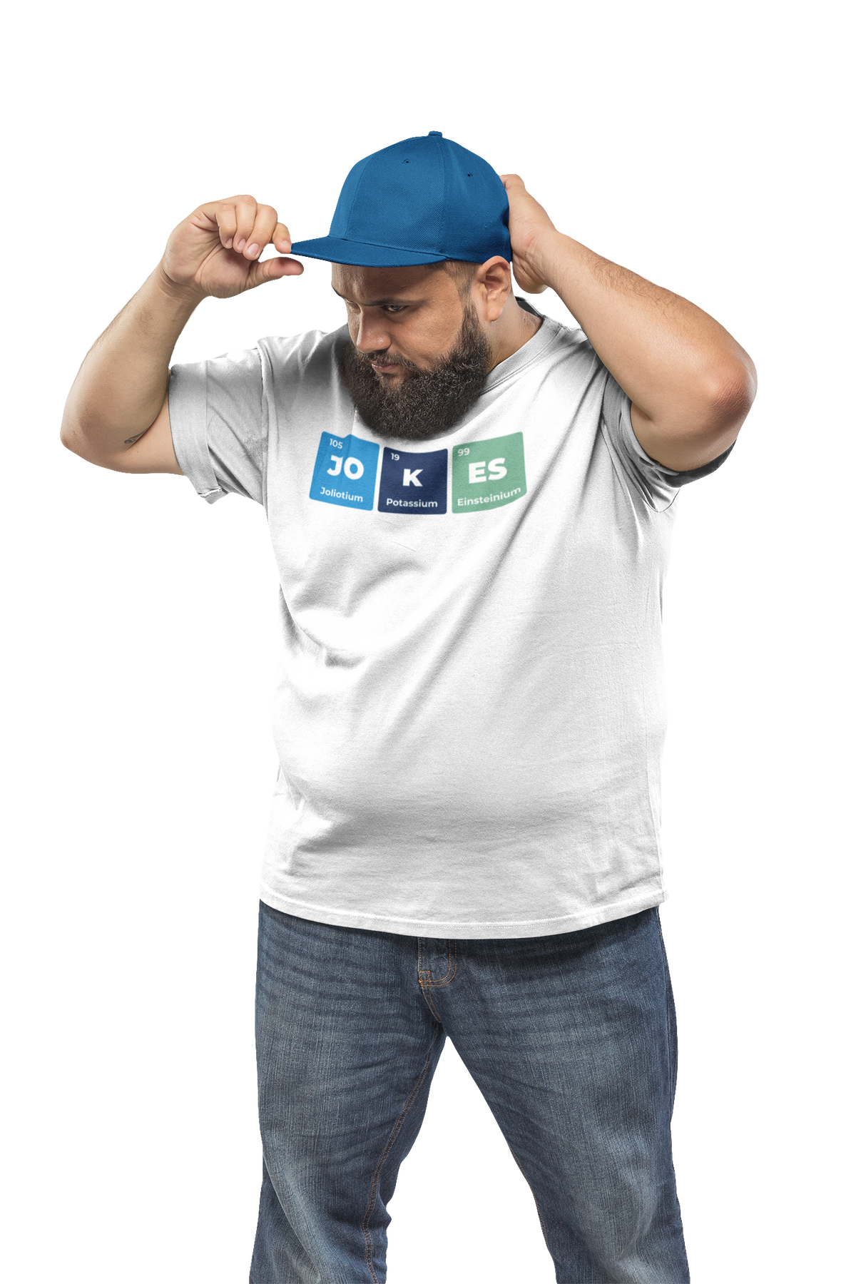 'Jokes' periodic table t-shirt in white, man in a cap wearing it