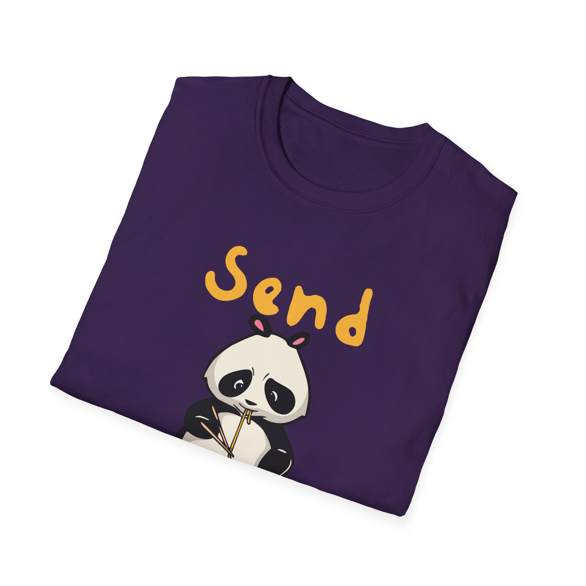 A purple "Send Noods" T-shirt, designed with a cartoon panda holding a smartphone, offers a playful touch to its trendy style.