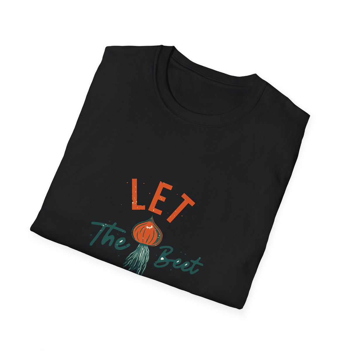 'Let the Beet Drop' beet pun print folded on black t-shirt, funny gift for gardeners