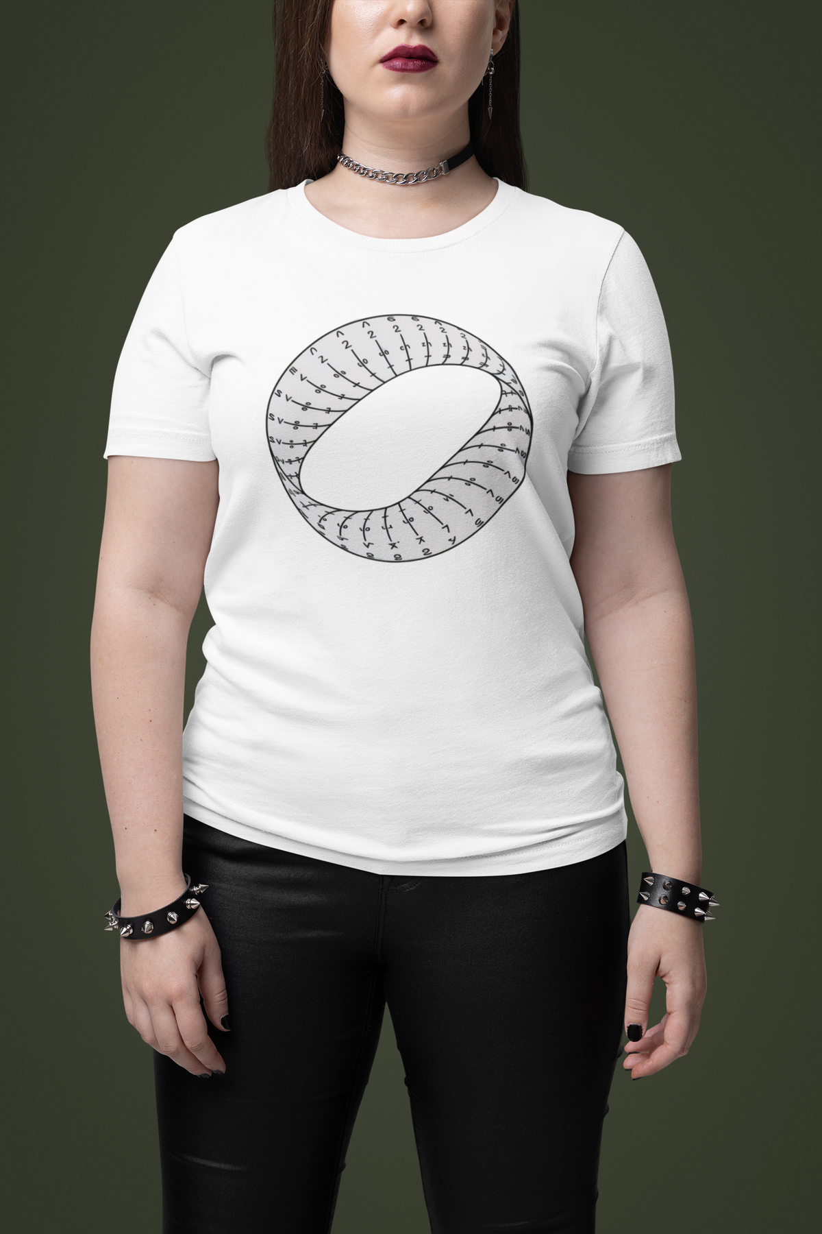 Mobius strip tee in white, woman wearing it against a dark backdrop, edgy gift for science fans