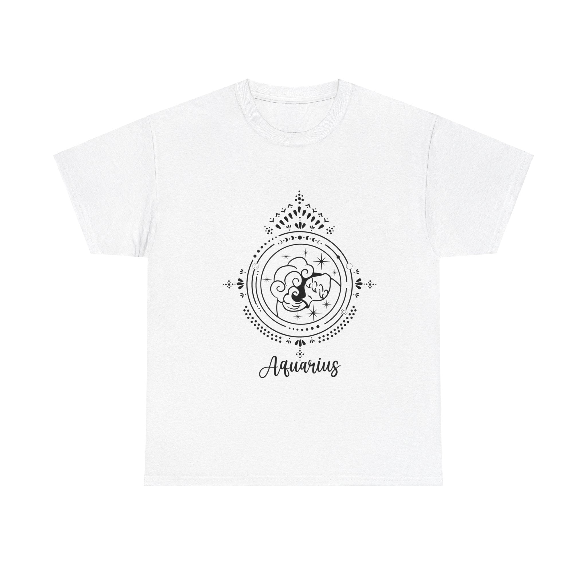 The Aquarius T-Shirt features a black circular zodiac design with water-themed elements and the word "Aquarius" below, offering cosmic enthusiasts a nerdy charm to enhance any wardrobe.