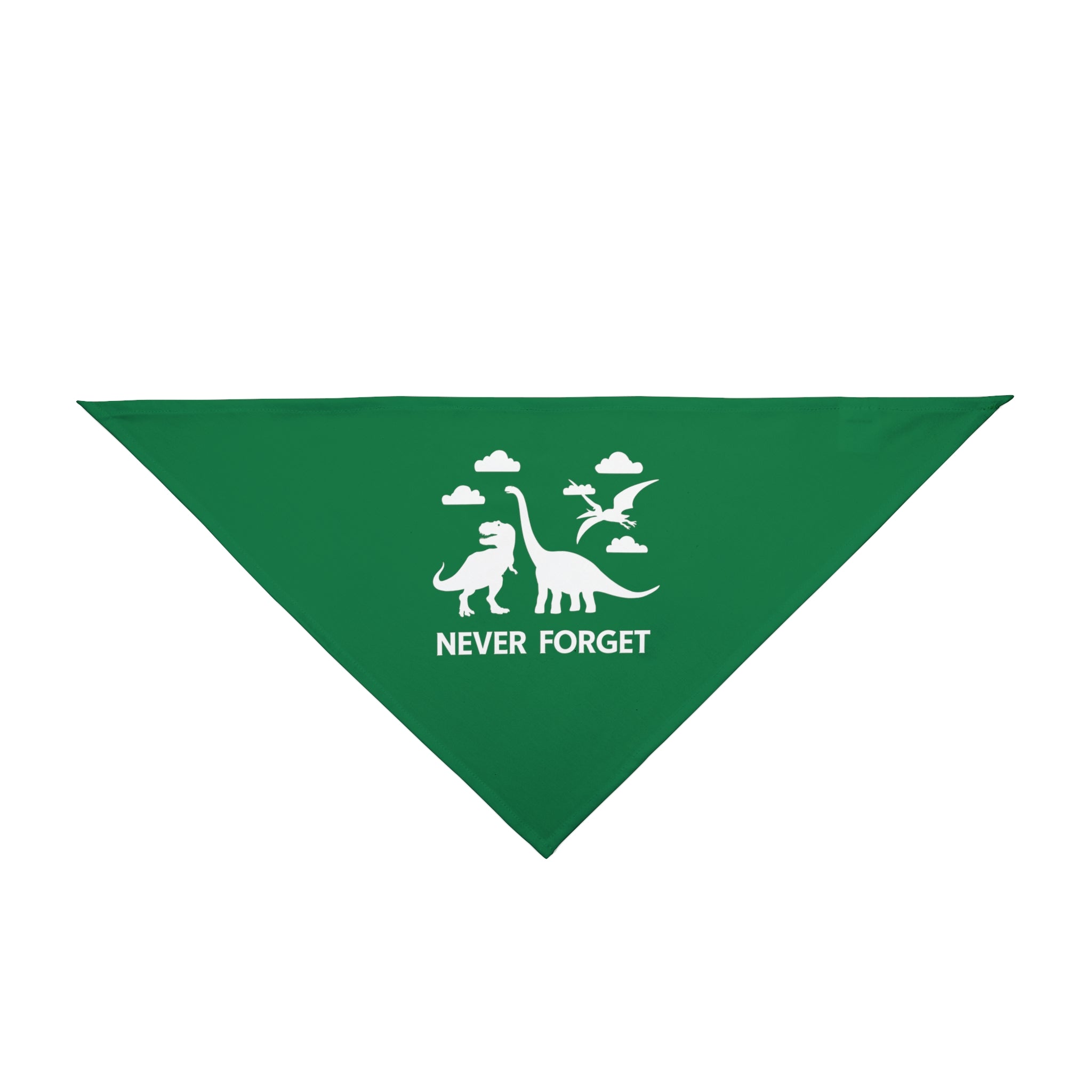 The Never Forget - Pet Bandana is a green, triangular accessory made from soft-spun polyester, adorned with white dinosaur silhouettes and the text "NEVER FORGET," resulting in an unforgettable design.