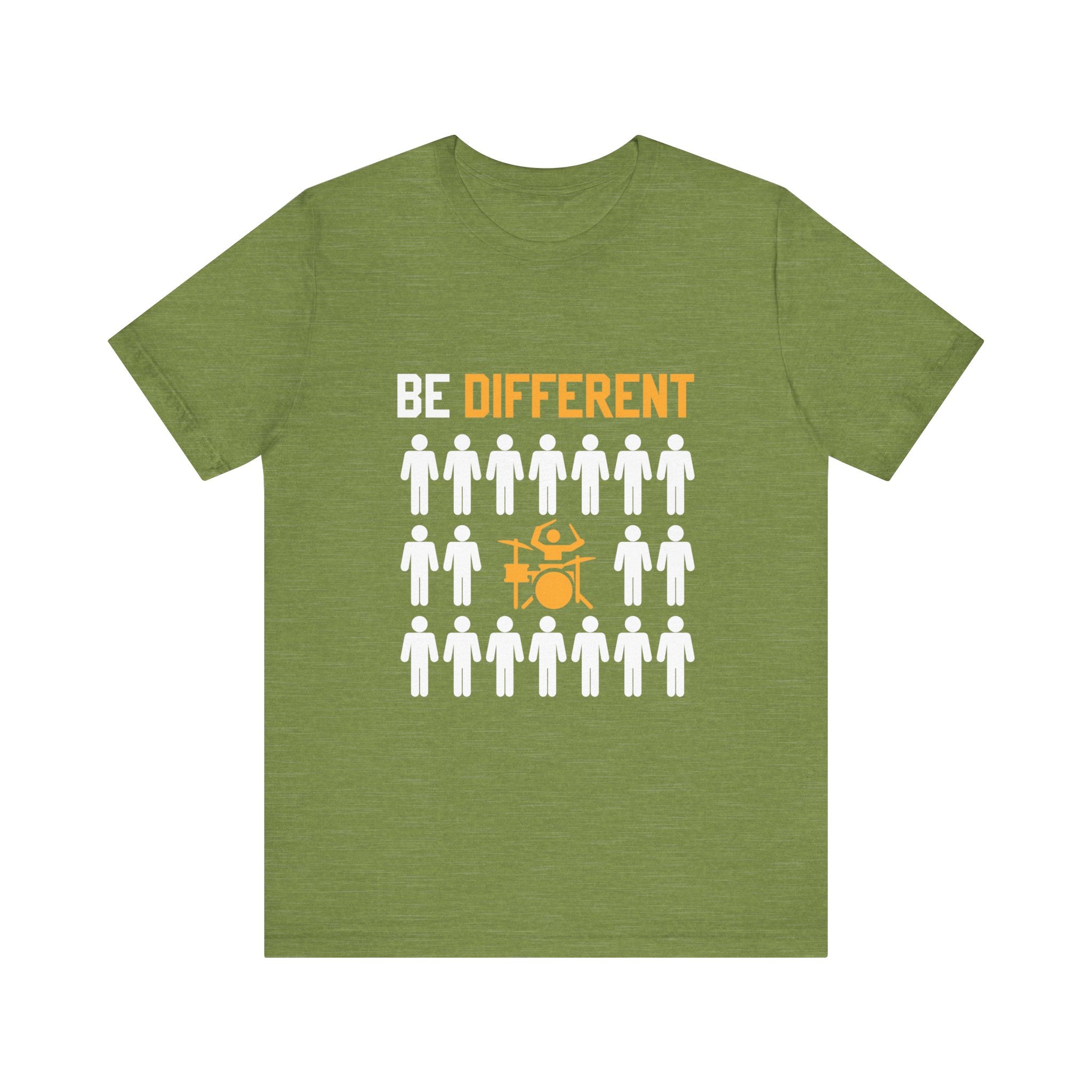 The Be different T-Shirt features a striking design with a group of white stick figures and one orange figure playing drums, embodying the theme of individuality. Made from high-quality fabric, this green t-shirt prominently displays the text "BE DIFFERENT" above the distinctive illustration.