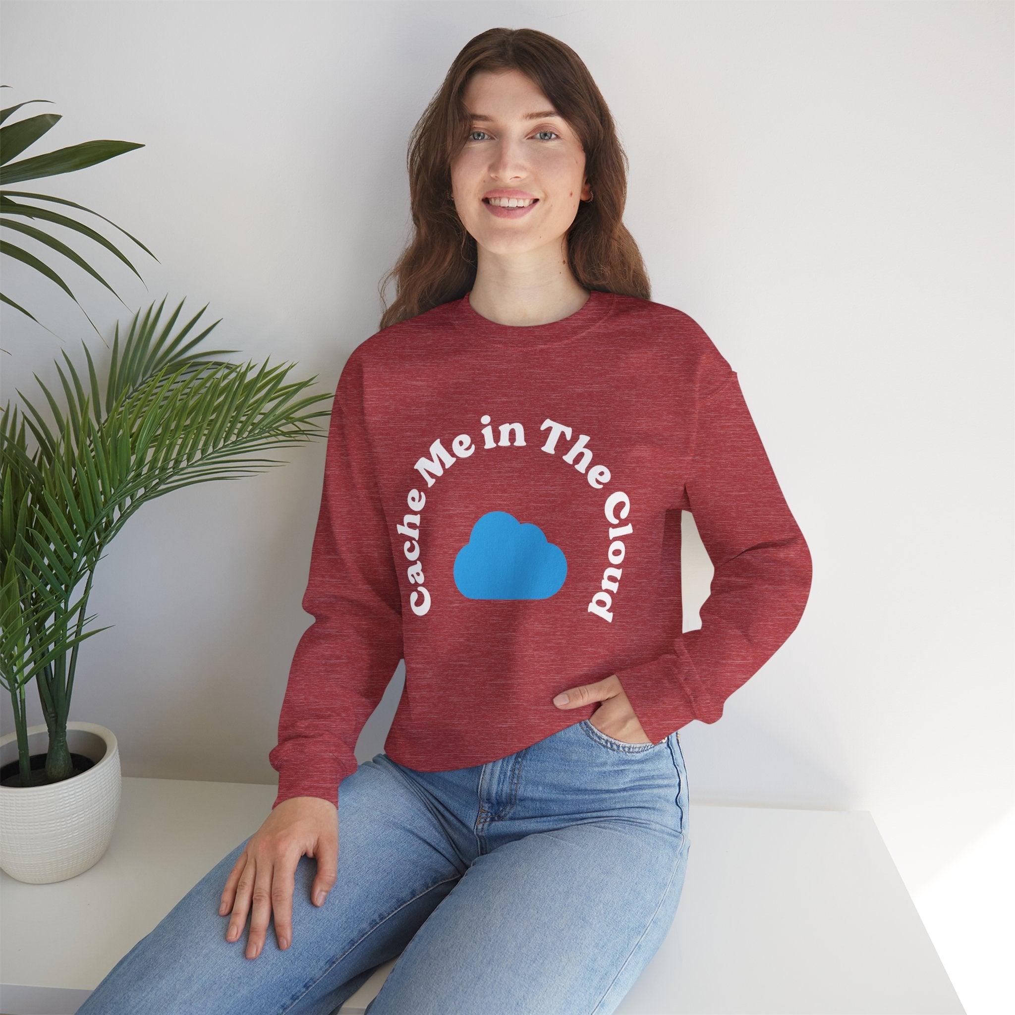 A stylish individual wearing the "Cache Me in The Cloud" sweatshirt, featuring a red design with a blue cloud graphic, sits on a white surface beside a potted plant, exuding an effortlessly cloud-savvy vibe.