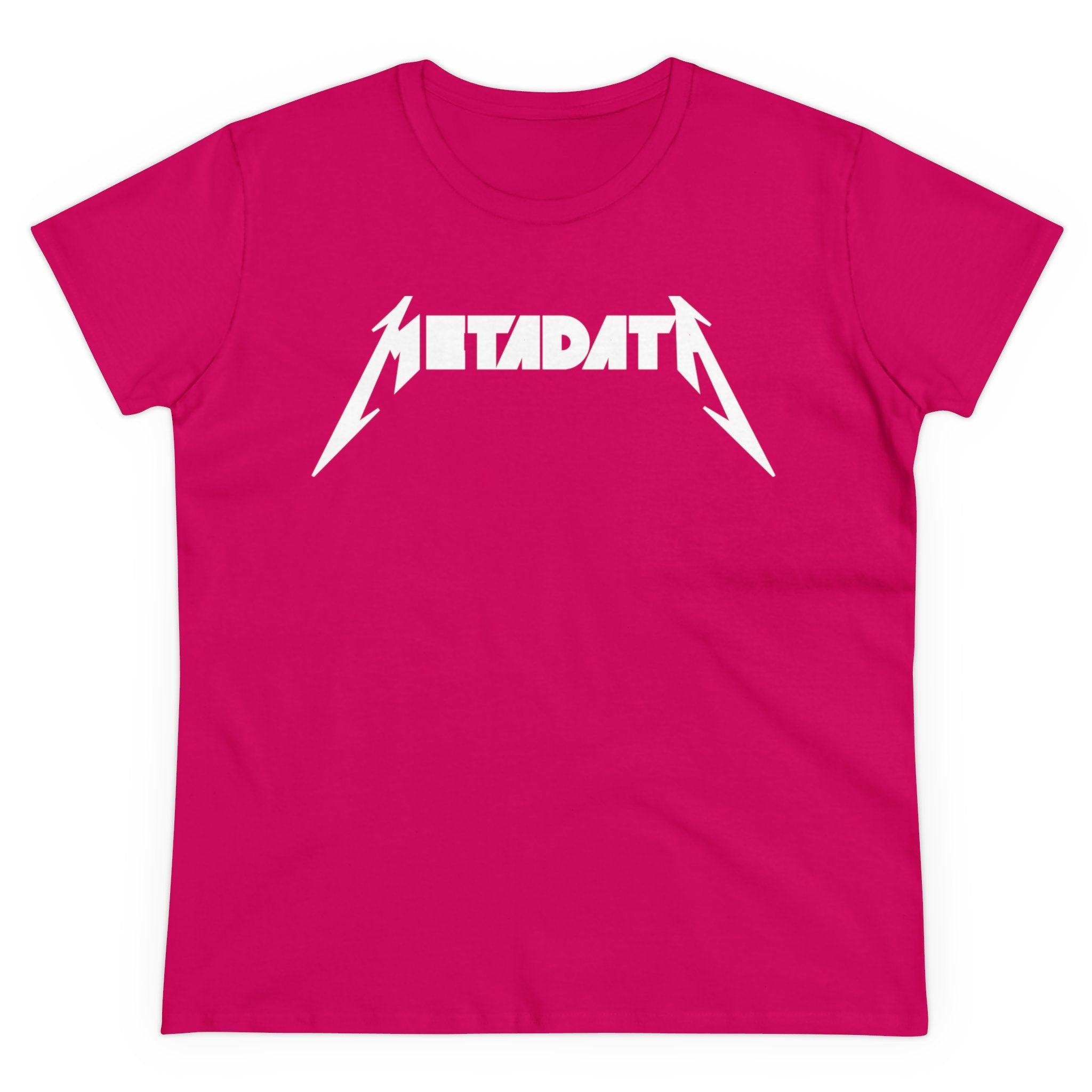 The "Metadata" Women's Tee features bold, stylized white letters that mimic a metal band logo against a pink background. Made from soft cotton with a semi-fitted silhouette, it blends an edgy design with ultimate comfort.