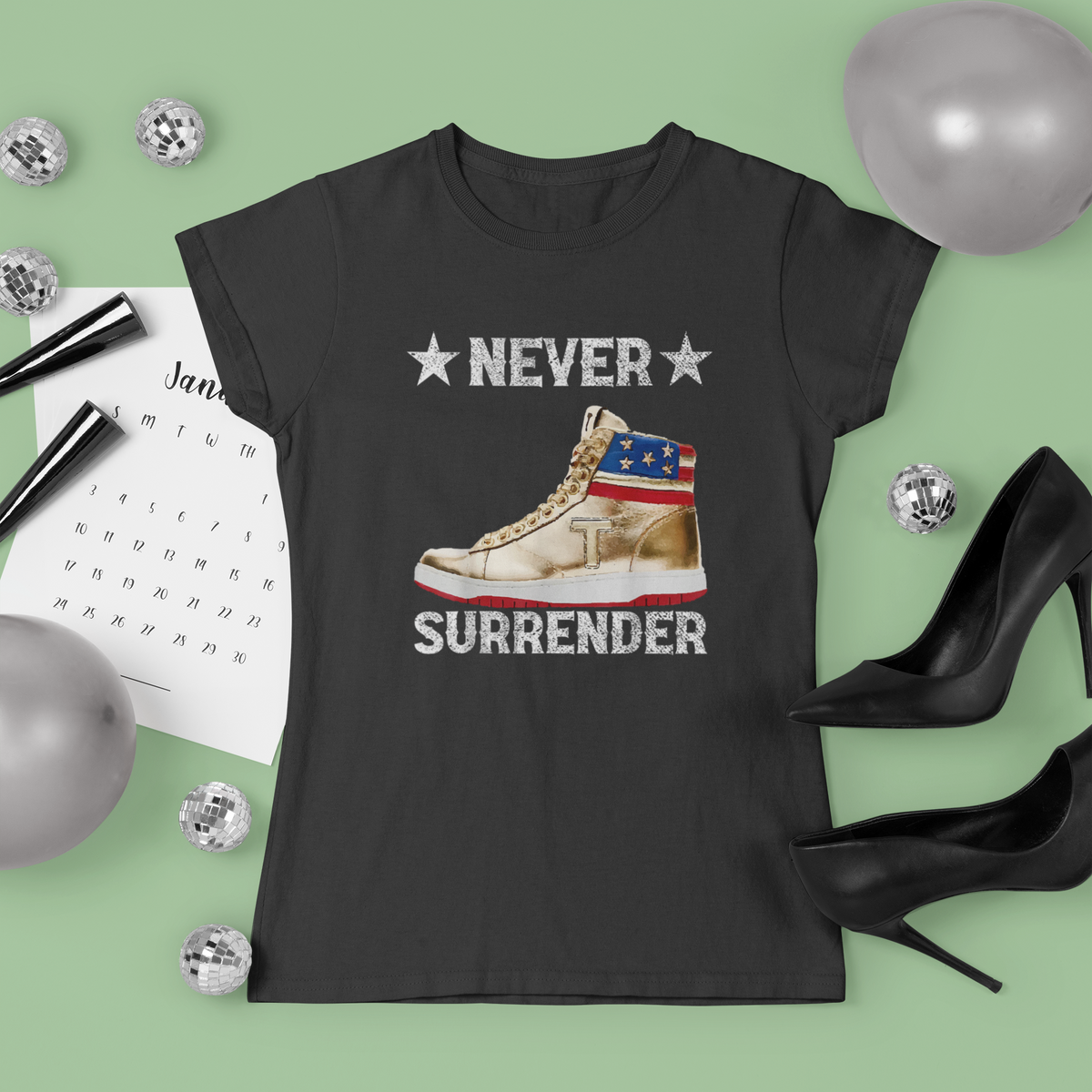 'Never Surrender' sneaker t-shirt in black, woman holding it up, funny sneakerhead gift