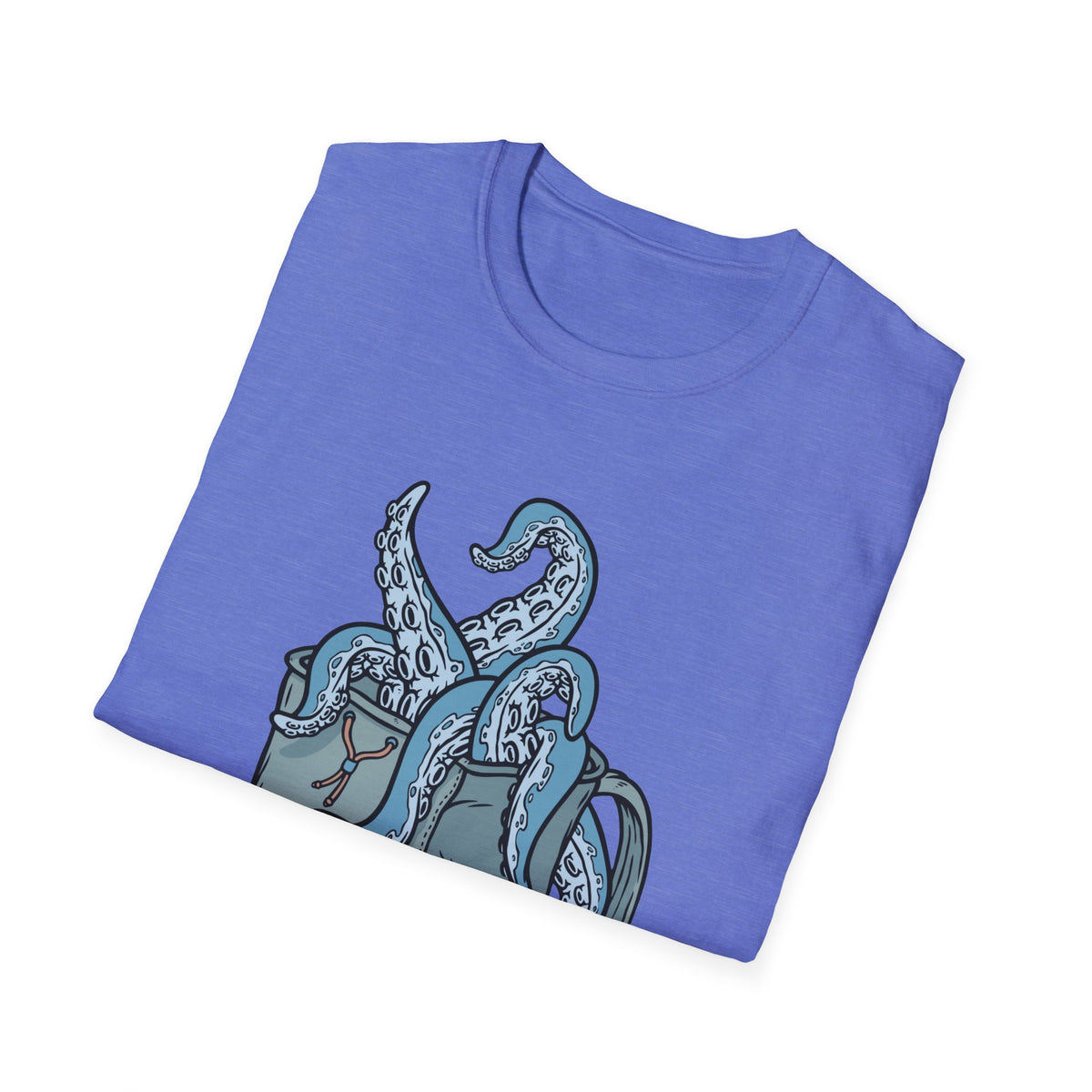 'Octopus Comes Out of the Bag' t-shirt in heather royal, folded flat lay, funny gift for hikers