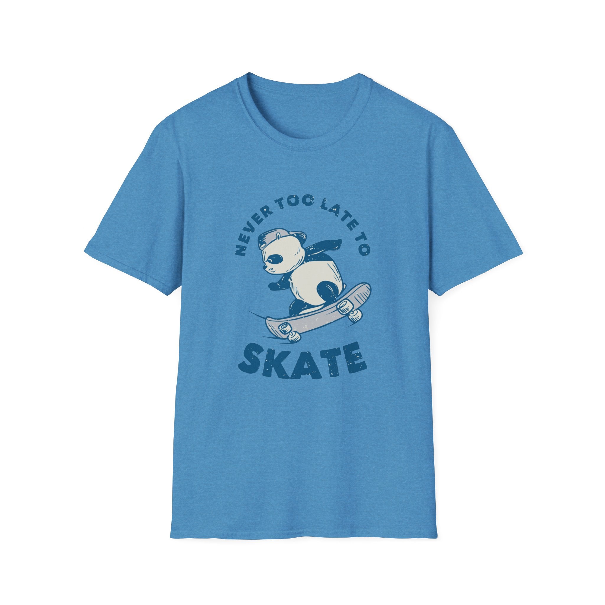 The "Never Too Late to Skate" T-shirt showcases a blue design with a bear graphic riding a skateboard and the text, ideal for expressing your passion for skating.