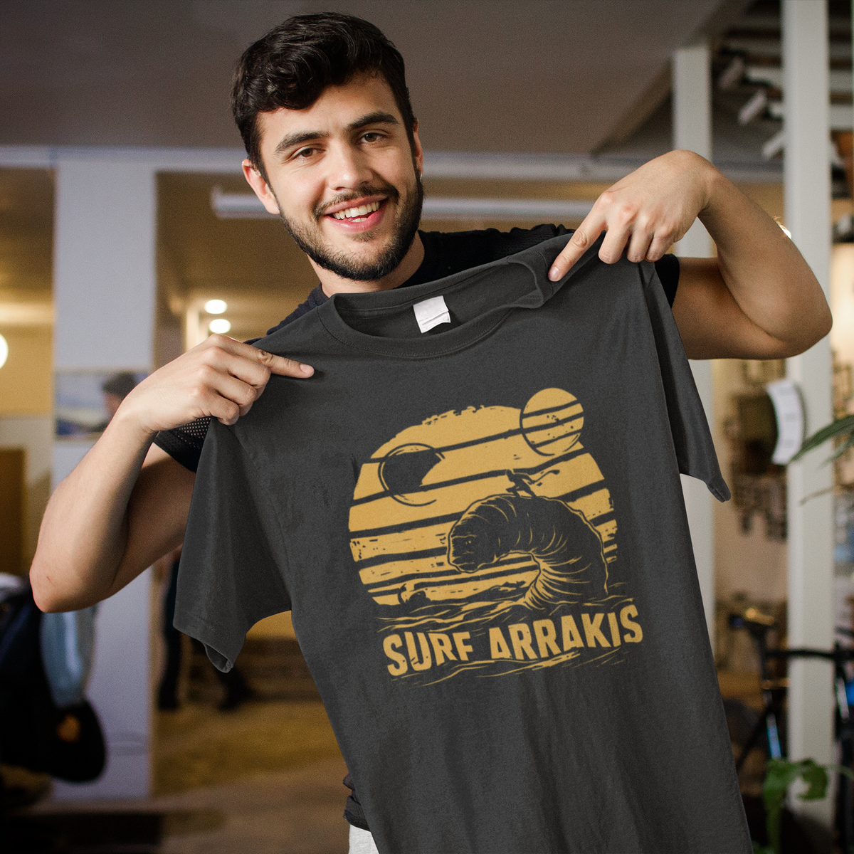 Surf Arrakis Organic T-Shirt | Funny Dune Sci-Fi Sandworm | Geekpsters