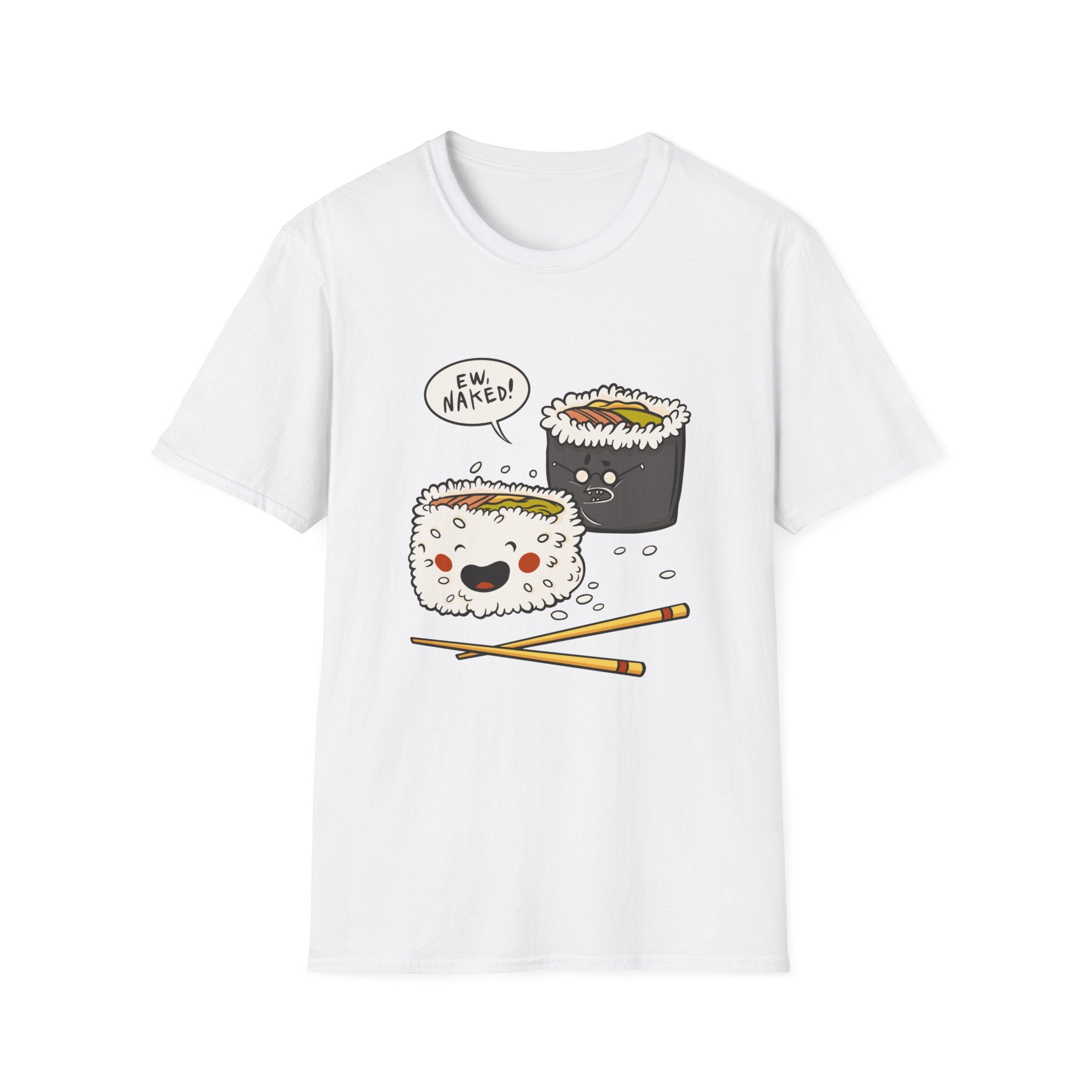 Embrace your adventurous side with the Naked Sushi T-Shirt. This white tee showcases a humorous cartoon sushi design, complete with a sushi character comically declaring, "Ew, naked!" while sporting a playful expression and two chopsticks underneath. Ideal for seafood lovers who enjoy a good laugh.
