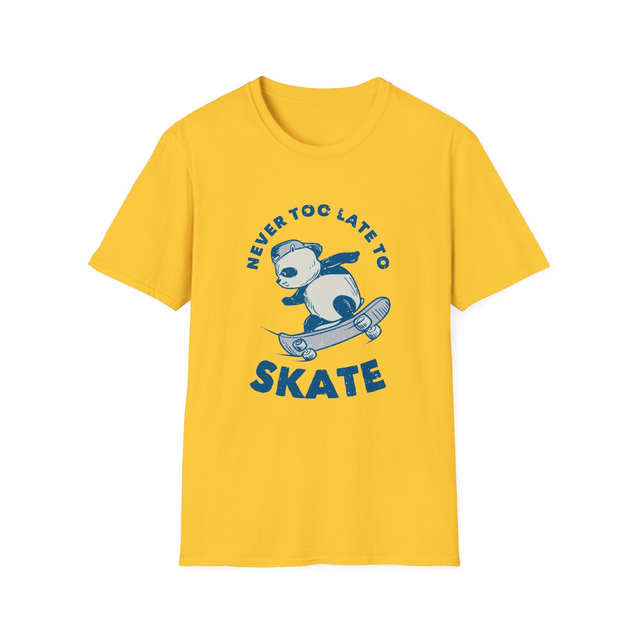 Yellow Never Too Late to Skate T-Shirt showcasing a panda graphic on a skateboard, accessorized with a scarf and sunglasses. The bold uppercase text reads "NEVER TOO LATE TO" above and "SKATE" below, beautifully embodying the passion for skating.