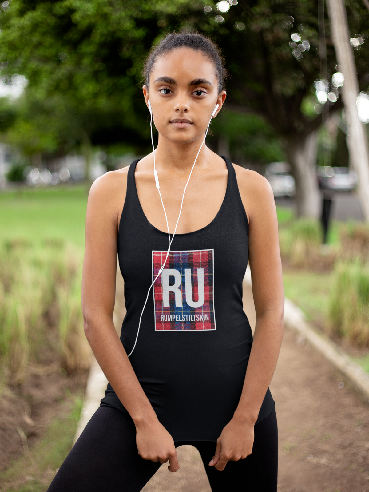 'RU Periodic Table Women's Tank' in black, woman in a park, Tank Top mockup, Geekpsters