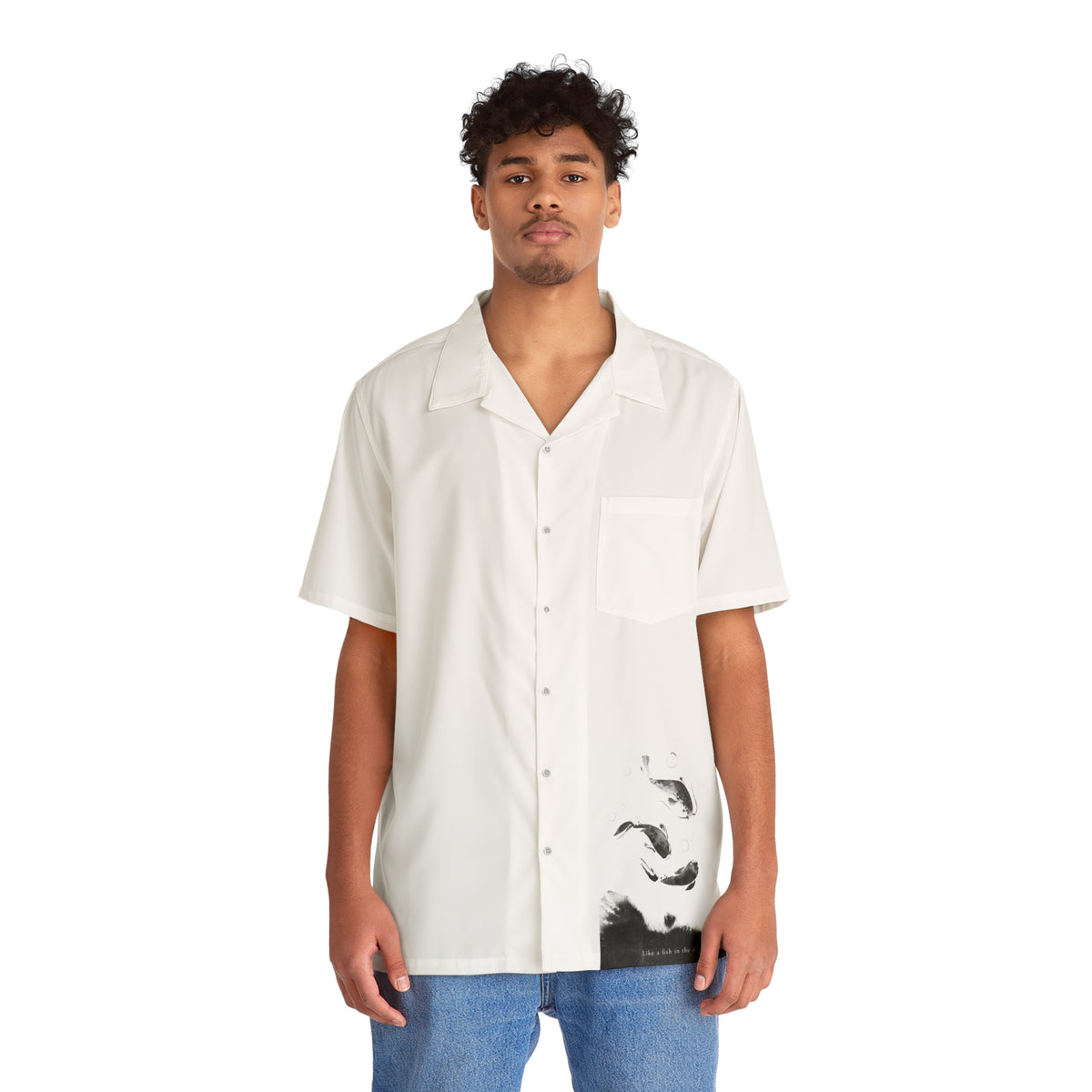 Fish In The Water print camp shirt in white, man wearing it front, artsy nature graphic shirt gift