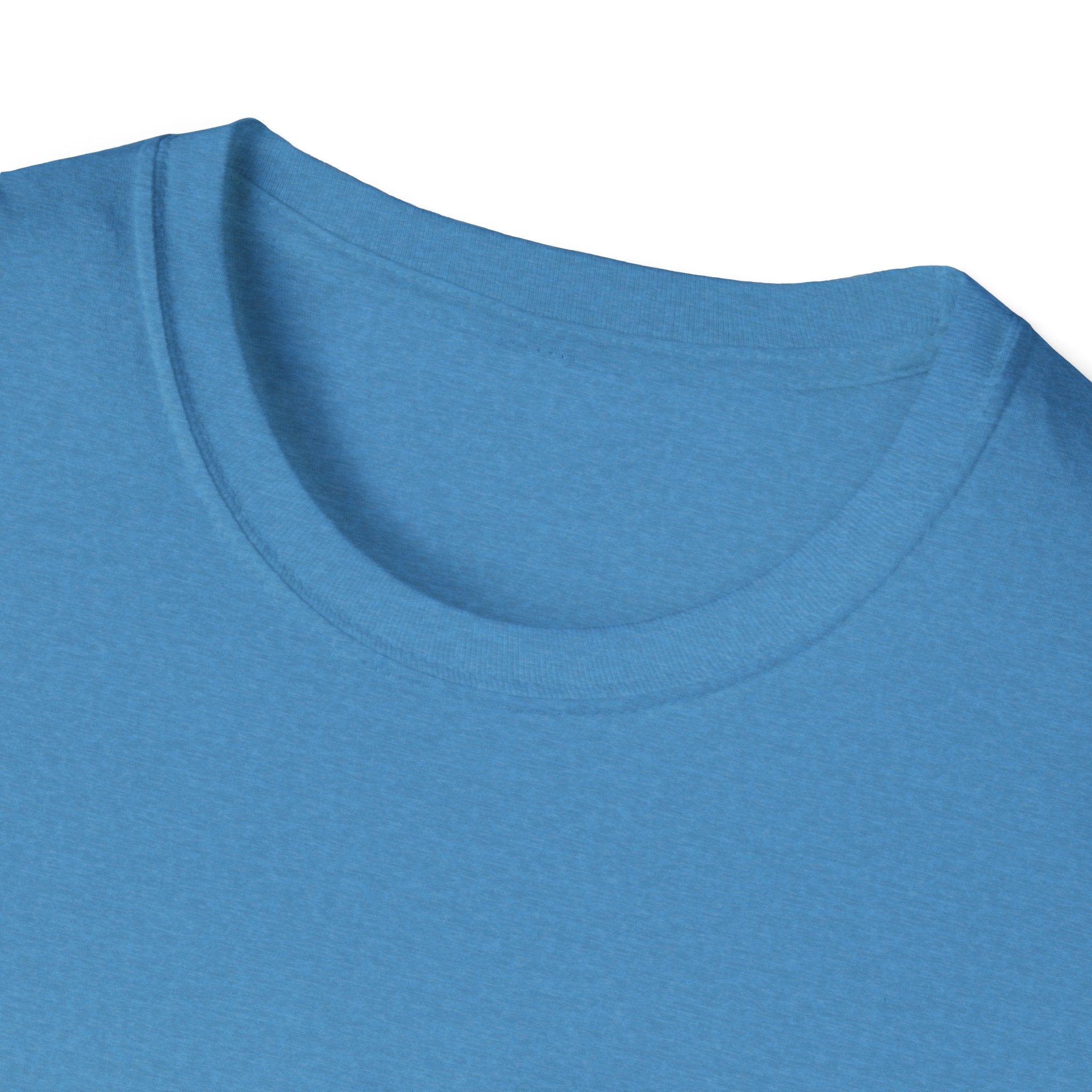 A close-up of the neckline and shoulder of the "Can You Digit" plain blue T-shirt.
