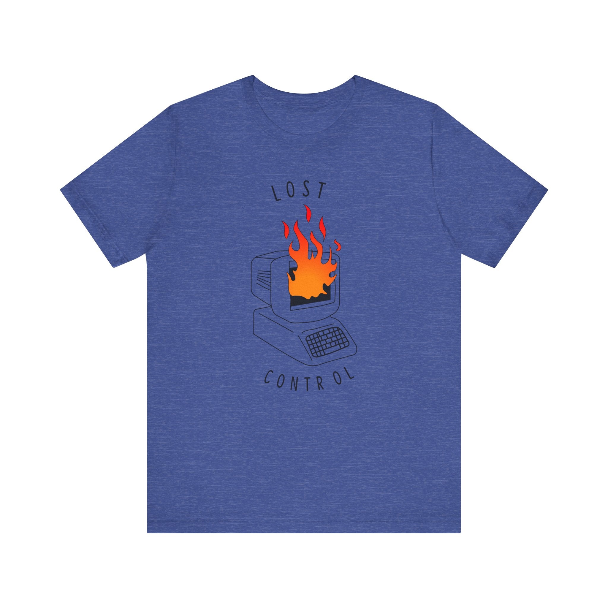 The Lost Control T-Shirt is crafted from premium cotton for a comfortable fit. It showcases a striking illustration of a burning computer, with "Lost Control" prominently displayed above and below the image.