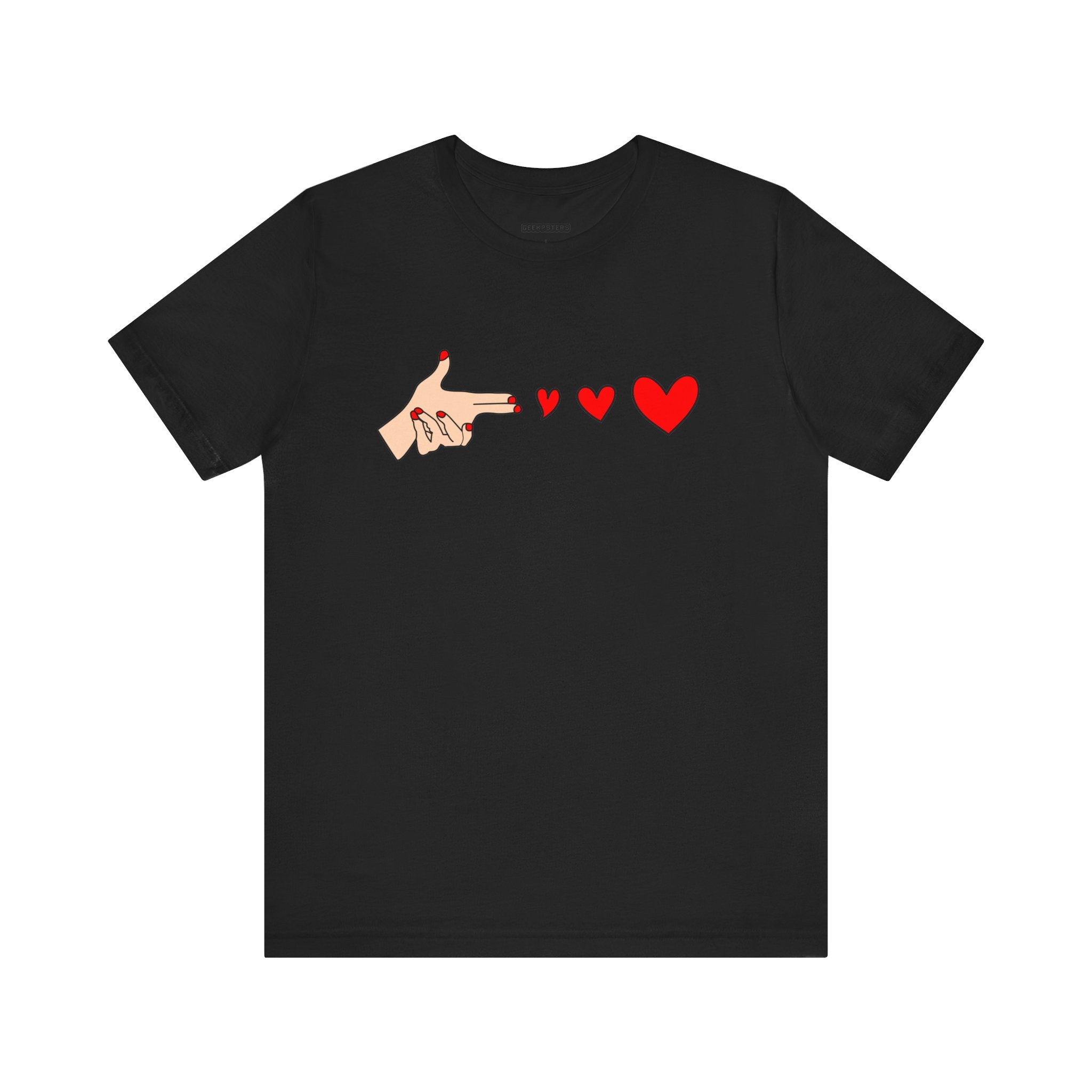 The Bang Bang T-Shirt is a black tee made from ultra-soft, breathable fabric featuring bold graphics of a gun-shaped hand pointing at three progressively larger red hearts.
