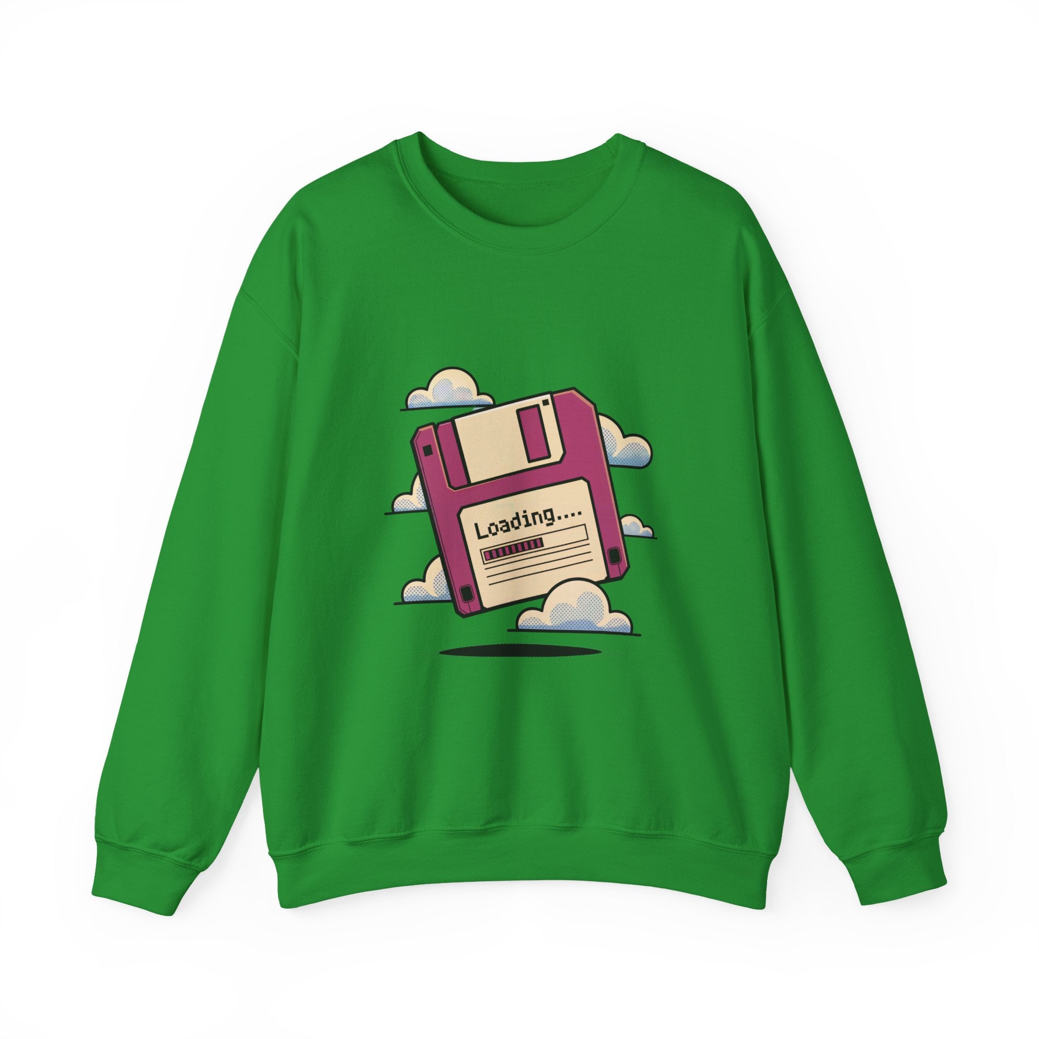 The Floppy disk - Sweatshirt is a green heavyweight cotton top with a pink floppy disk and "Loading..." text among clouds—ideal for adding geek chic to your look.