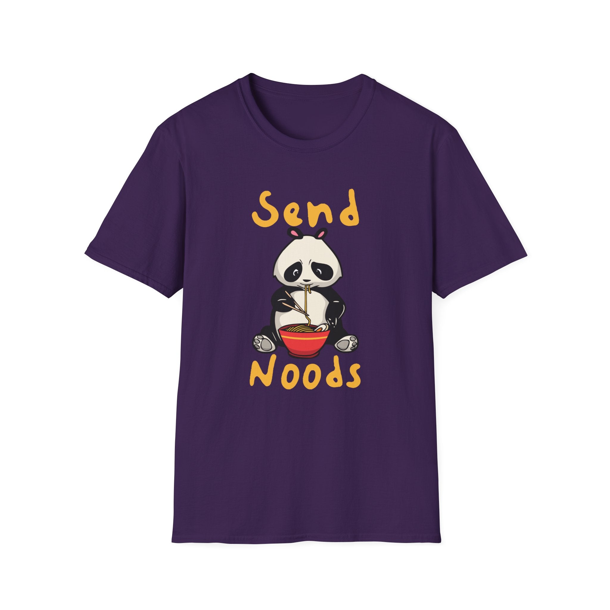 This trendy garment, the Send Noods T-Shirt, showcases a purple tee with a cartoon panda enthusiastically enjoying noodles and features the humorous slogan "Send Noods.