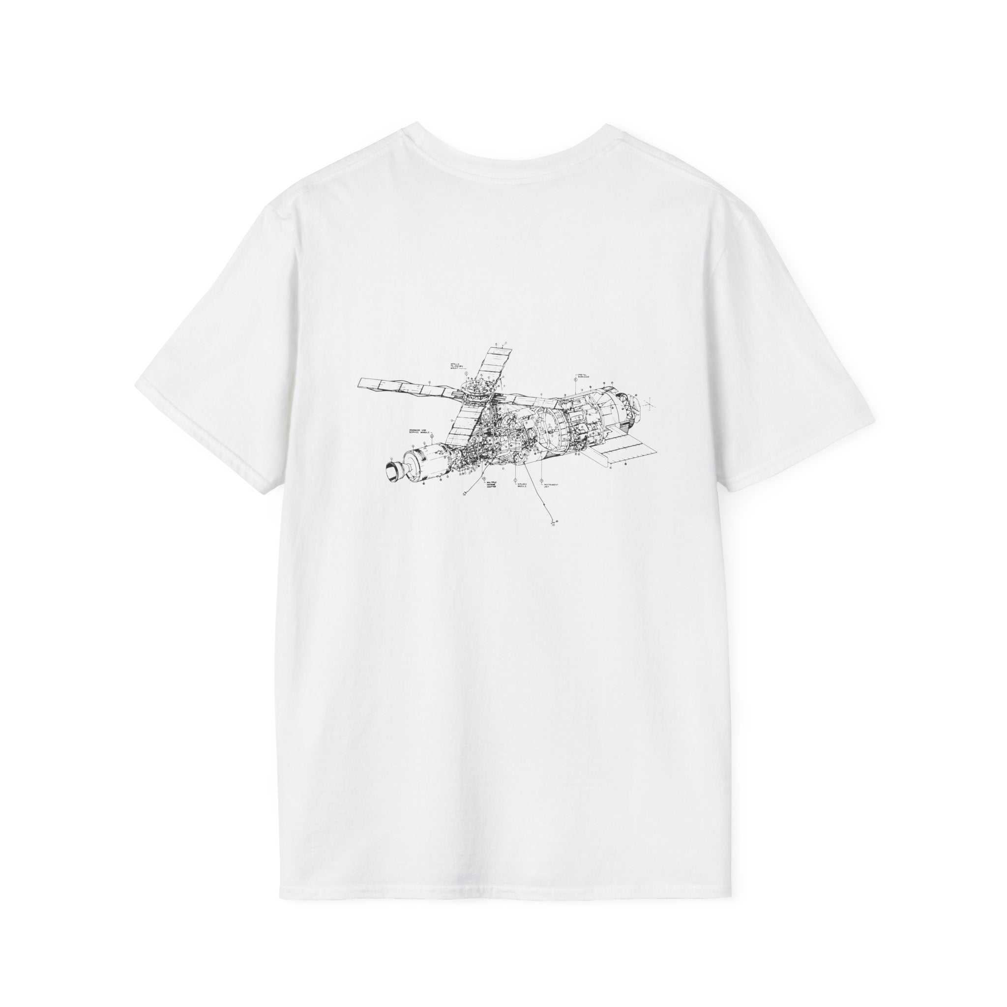 Presenting the Deep Deep Space T-Shirt: a white tee featuring a detailed black line drawing of a satellite, with annotations on the back—ideal for galaxy enthusiasts and nerd culture fans.