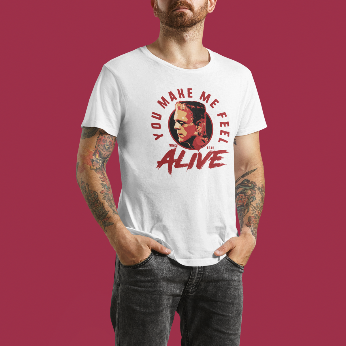 'You Make Me Feel Alive' t-shirt in black, tattooed man wearing it, rock music fan gift
