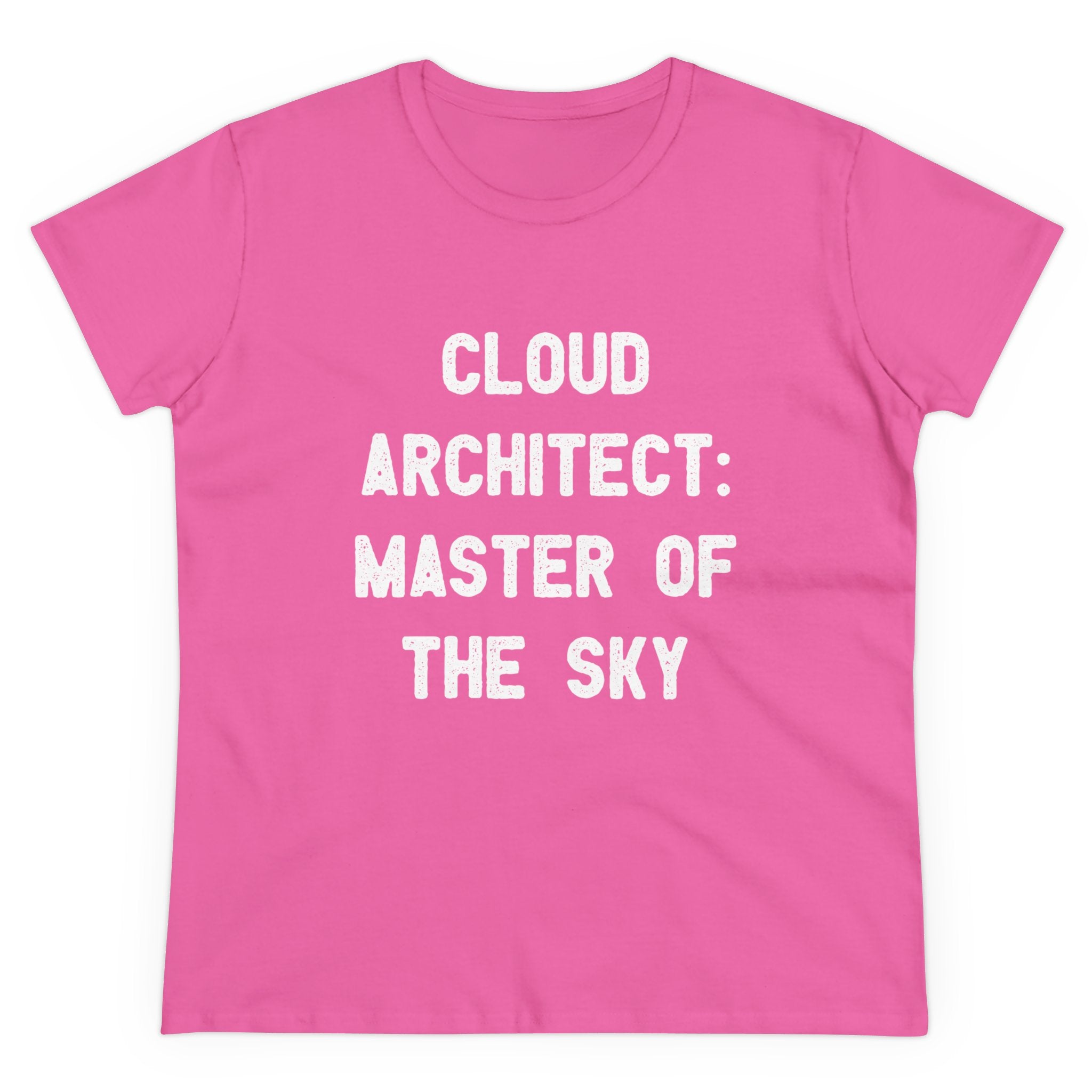 Discover the unparalleled comfort of our Cloud Architect Master of the Sky - Women's Tee. This semi-fitted pink t-shirt, made from soft cotton, is adorned with white text that reads: "CLOUD ARCHITECT: MASTER OF THE SKY." Perfect for visionaries who craft their dreams and rise above the ordinary.