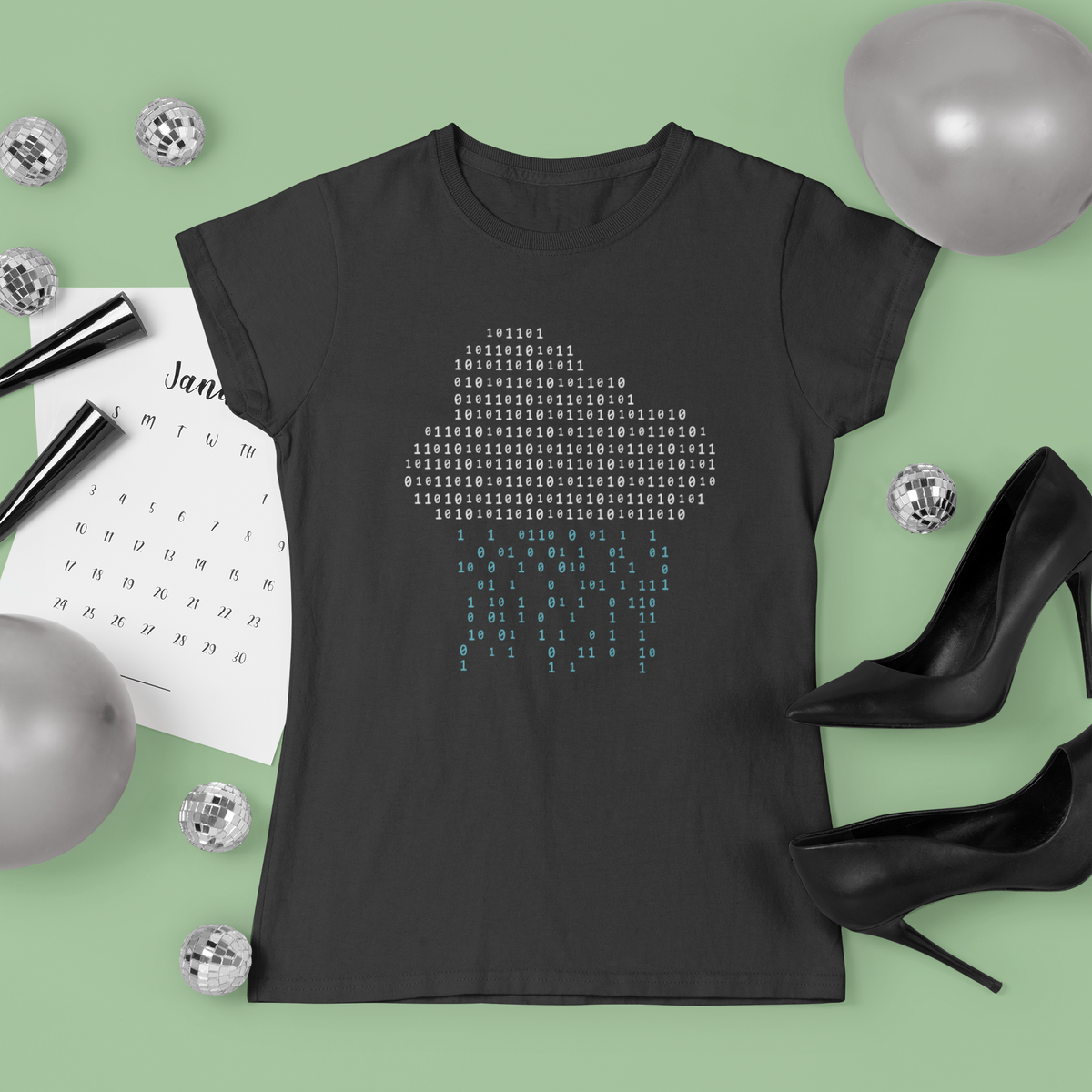 ‘Binary Rain Cloud’ black tee, flat lay with party balloons, funny programmer graduation gift