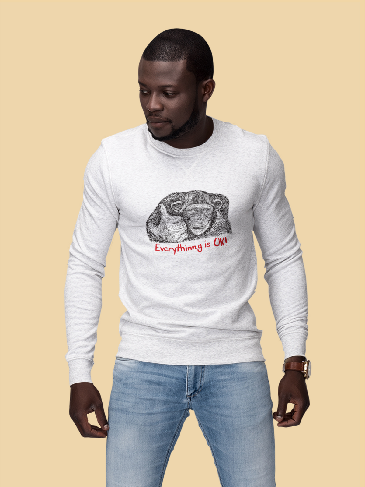'Everything is OK' monkey sweatshirt in heather grey, man wearing it, sarcastic gift sweatshirt