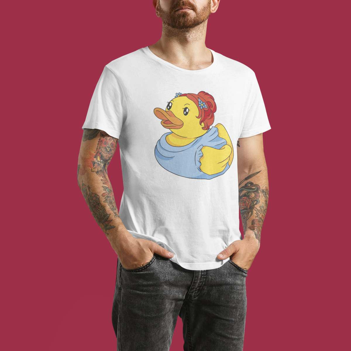 Bridesmaid duck t-shirt in white, tattooed man model wearing it against a maroon background, bachelorette gift