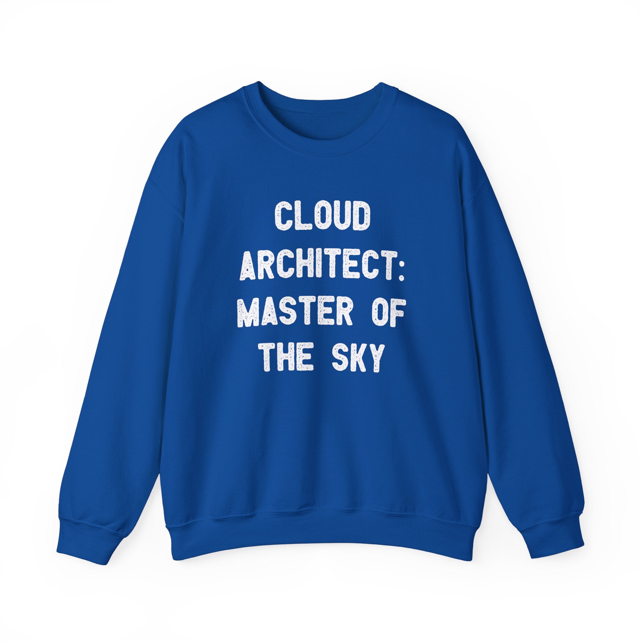 Blue sweatshirt with white text: "Cloud Architect Master of the Sky.