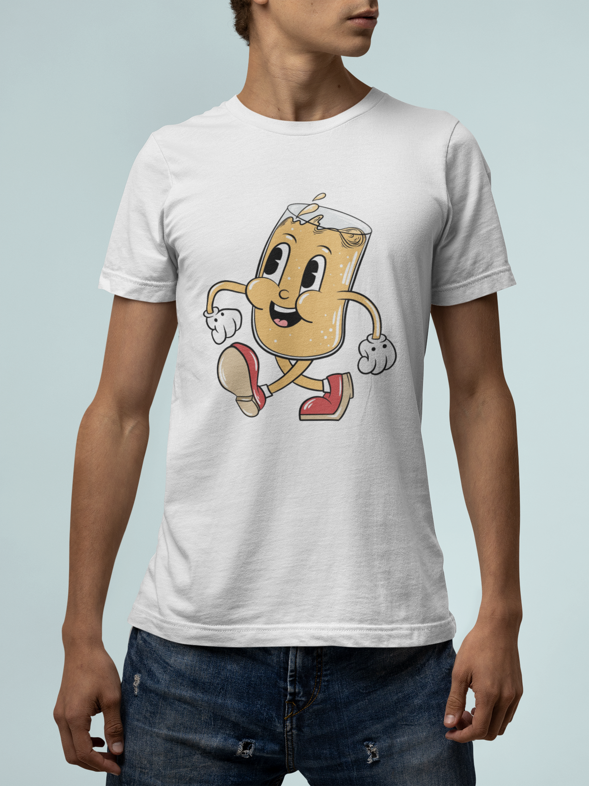 Cartoon beer mug t-shirt in white, man modeling it indoors, funny gift for beer lovers